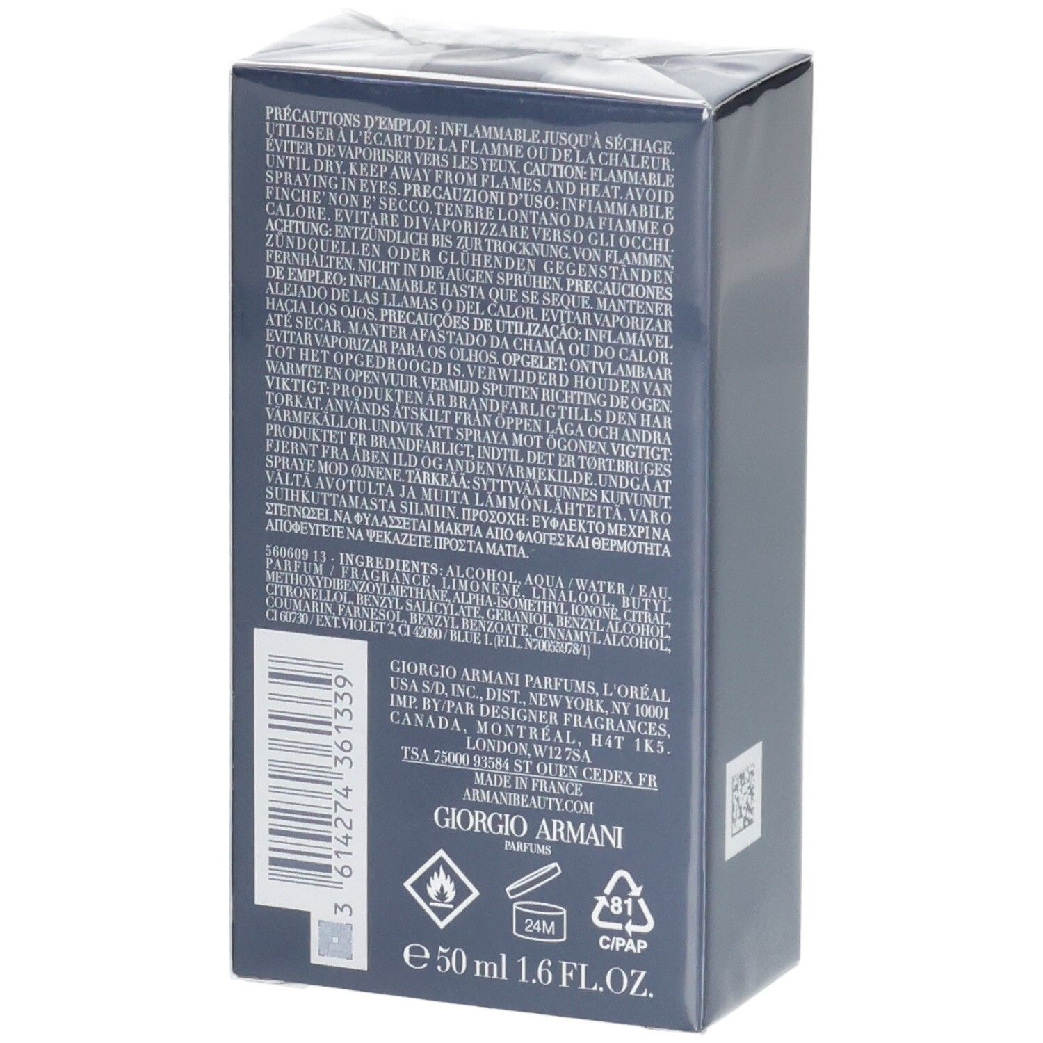 Arrière de l'emballage Giorgio Armani Acqua Di Gio Profondo Eau de Toilette avec ingrédients et code-barres.