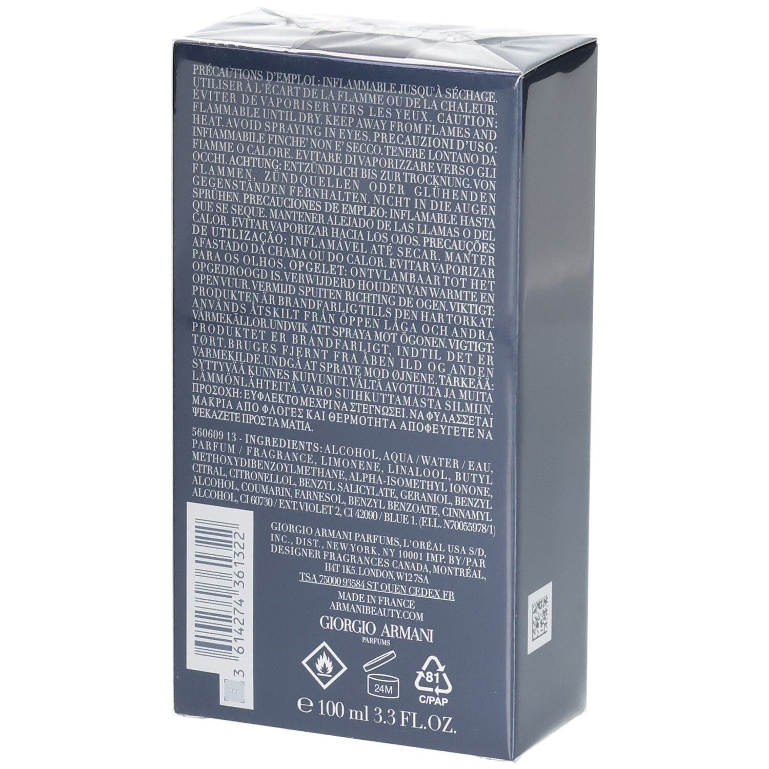 Giorgio Armani Acqua di Gio Profondo Eau de Toilette, 100ml, dos avec ingrédients et avertissements.