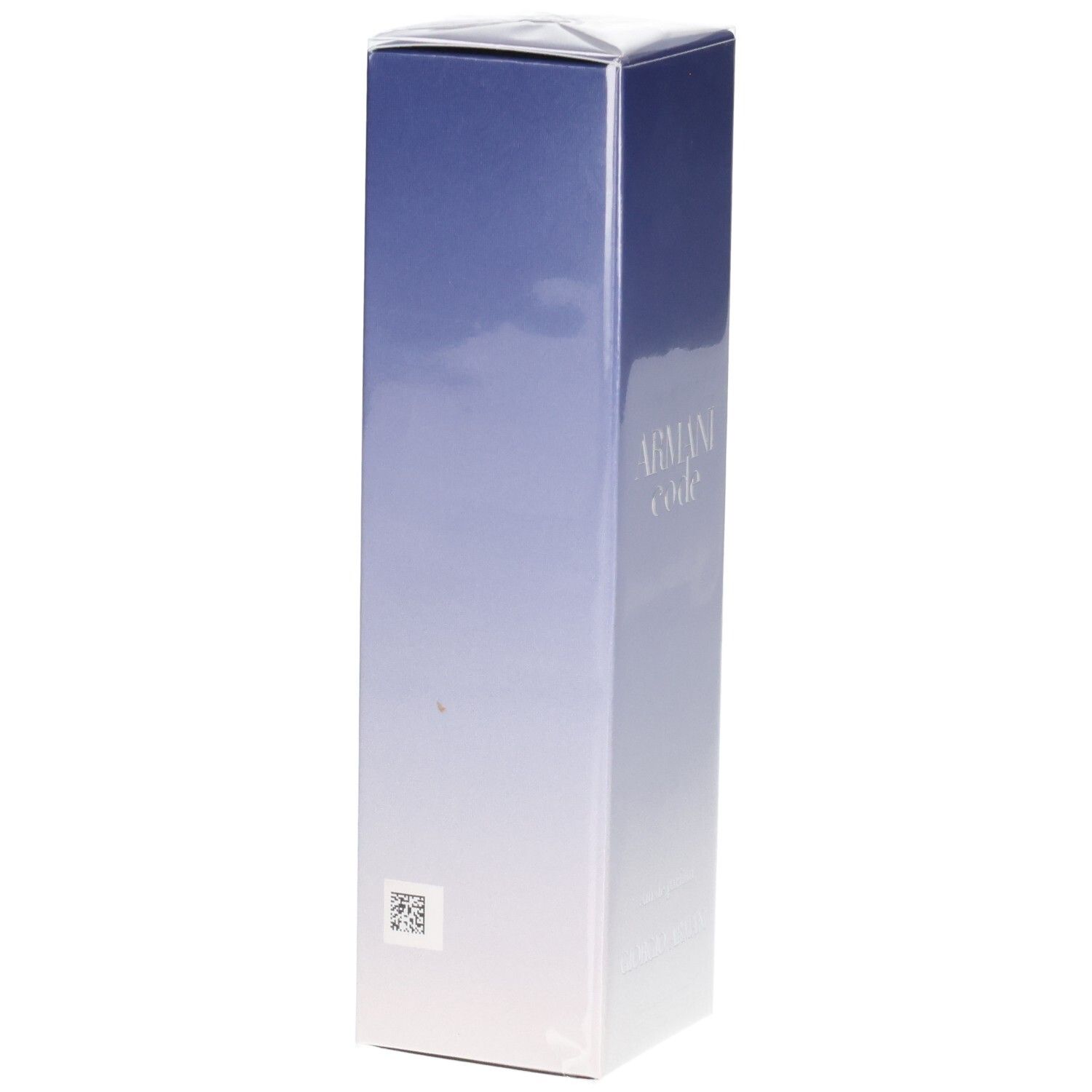 Boîte Armani Code avec dégradé bleu et code QR.