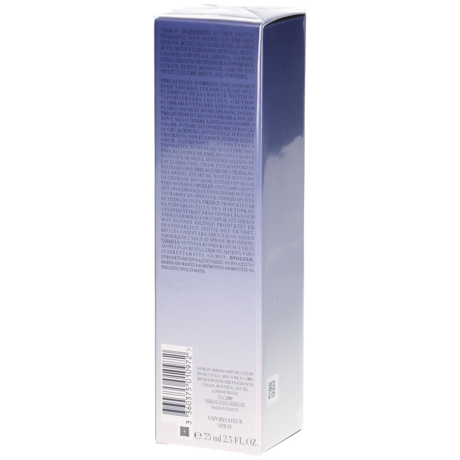 Emballage avec texte et code-barres. Contient 75 ml 2.5 FL.OZ.