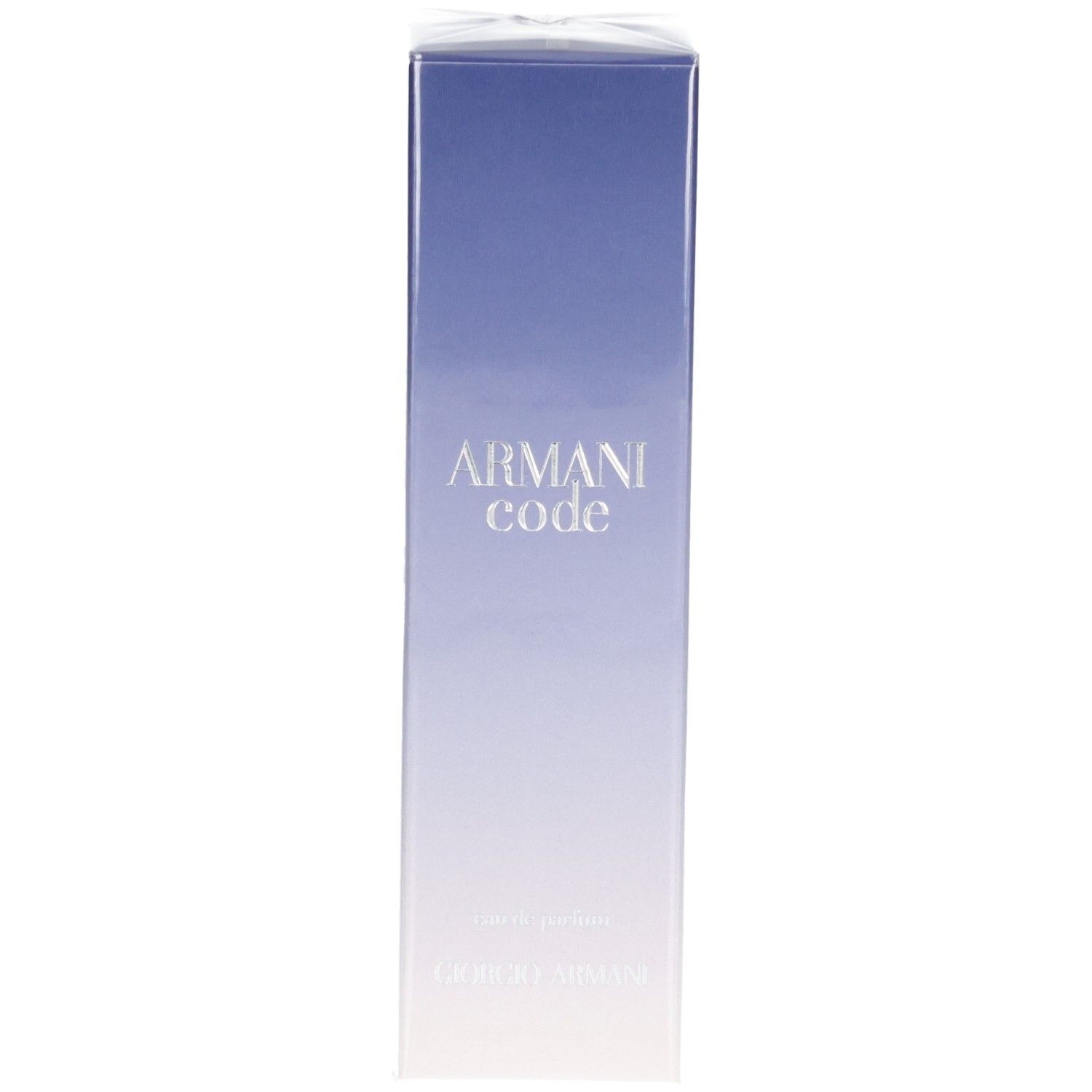 Boîte d'Armani Code Eau de Parfum, dégradé bleu vers blanc.