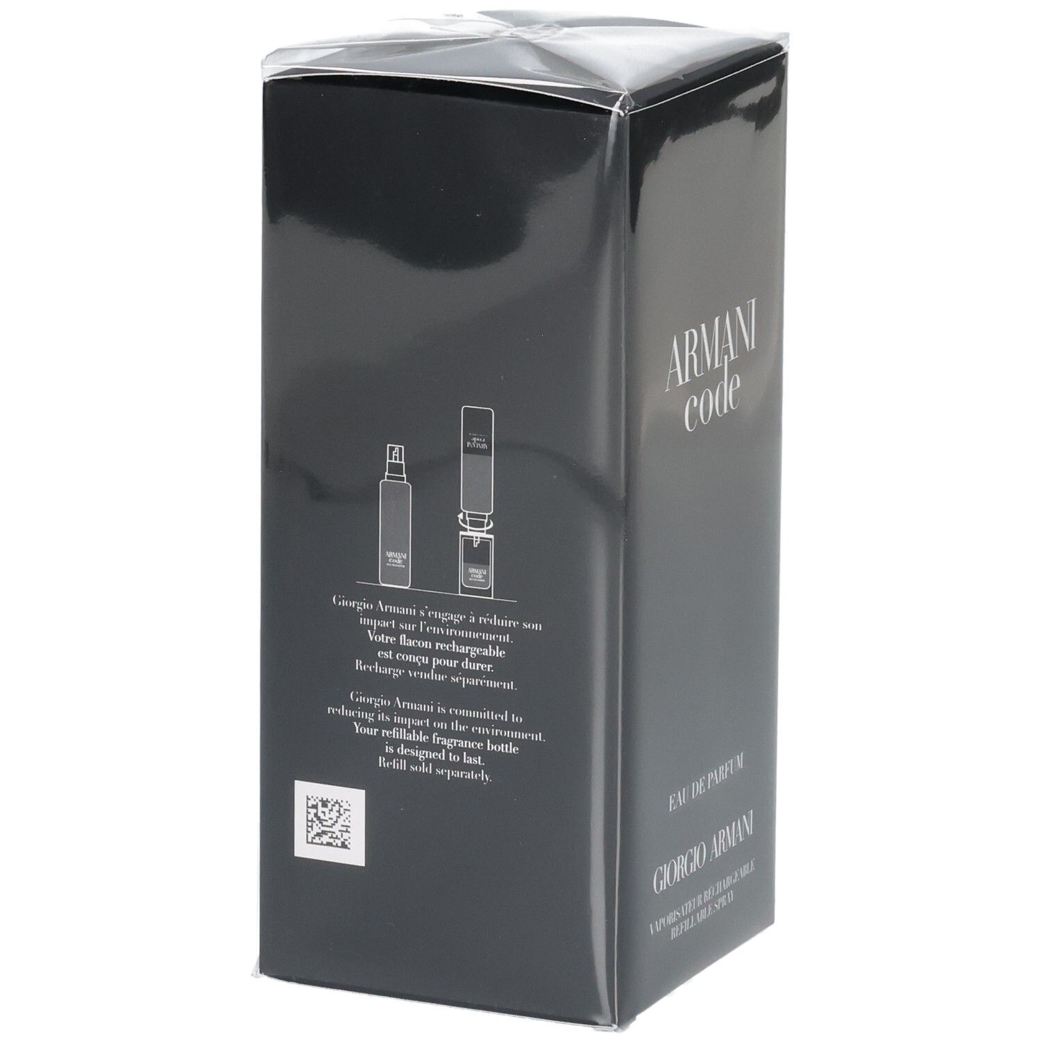 Arrière de l'emballage Armani Code Eau de Parfum avec instructions de recharge.