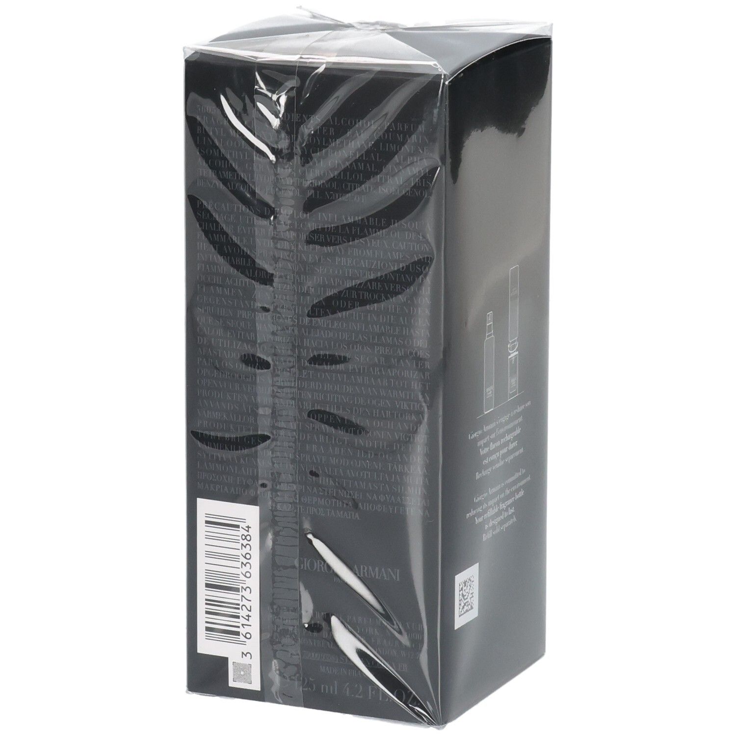 Côté de l'emballage Armani Code Eau de Parfum avec code-barres.