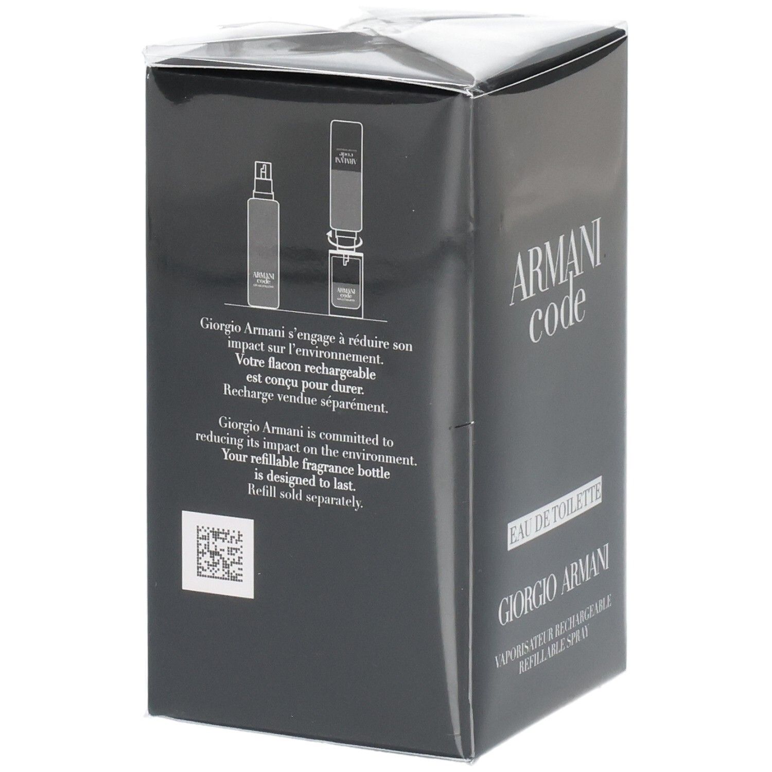 Arrière de l'emballage Armani Code Eau de Toilette, avec instructions de recharge.