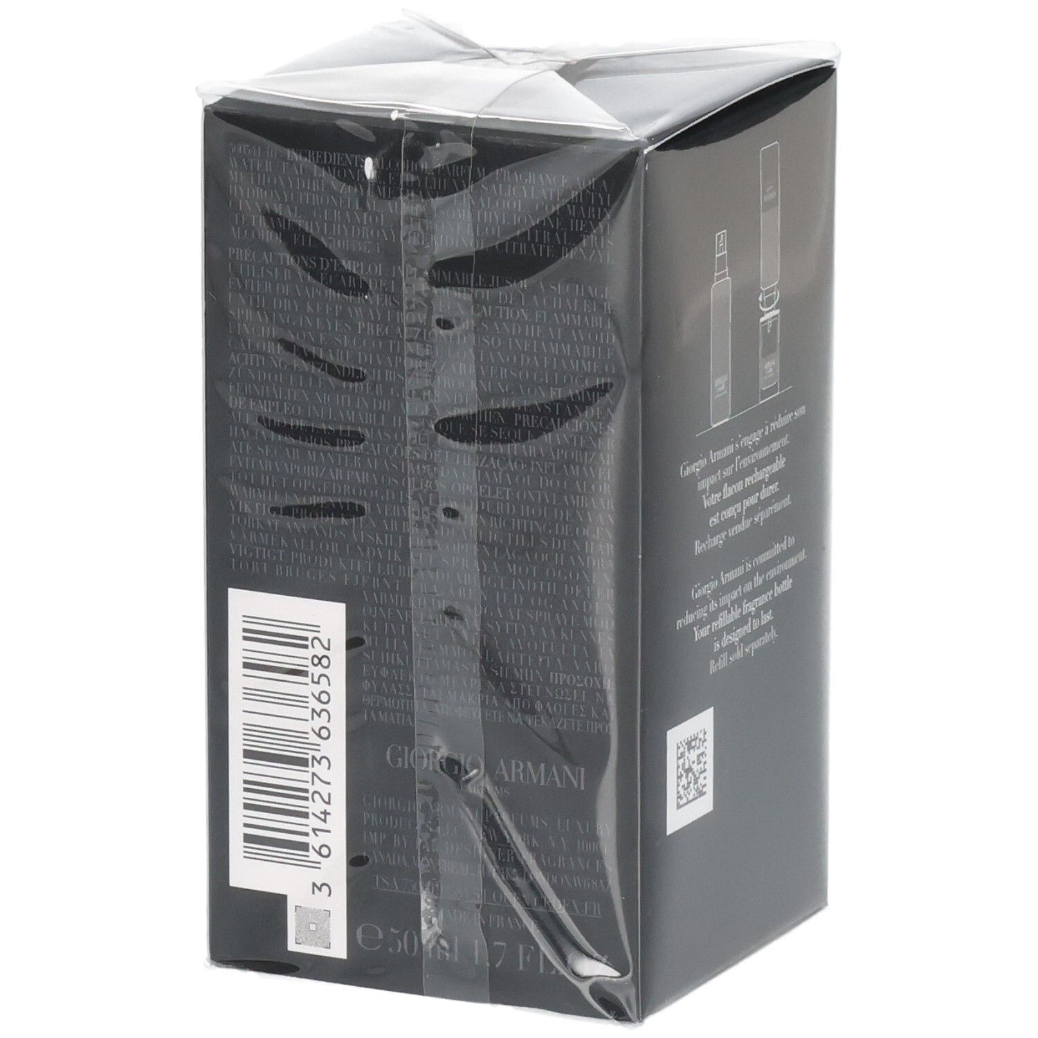 Vue latérale de l'emballage Armani Code Eau de Toilette, avec code-barres et EAN.