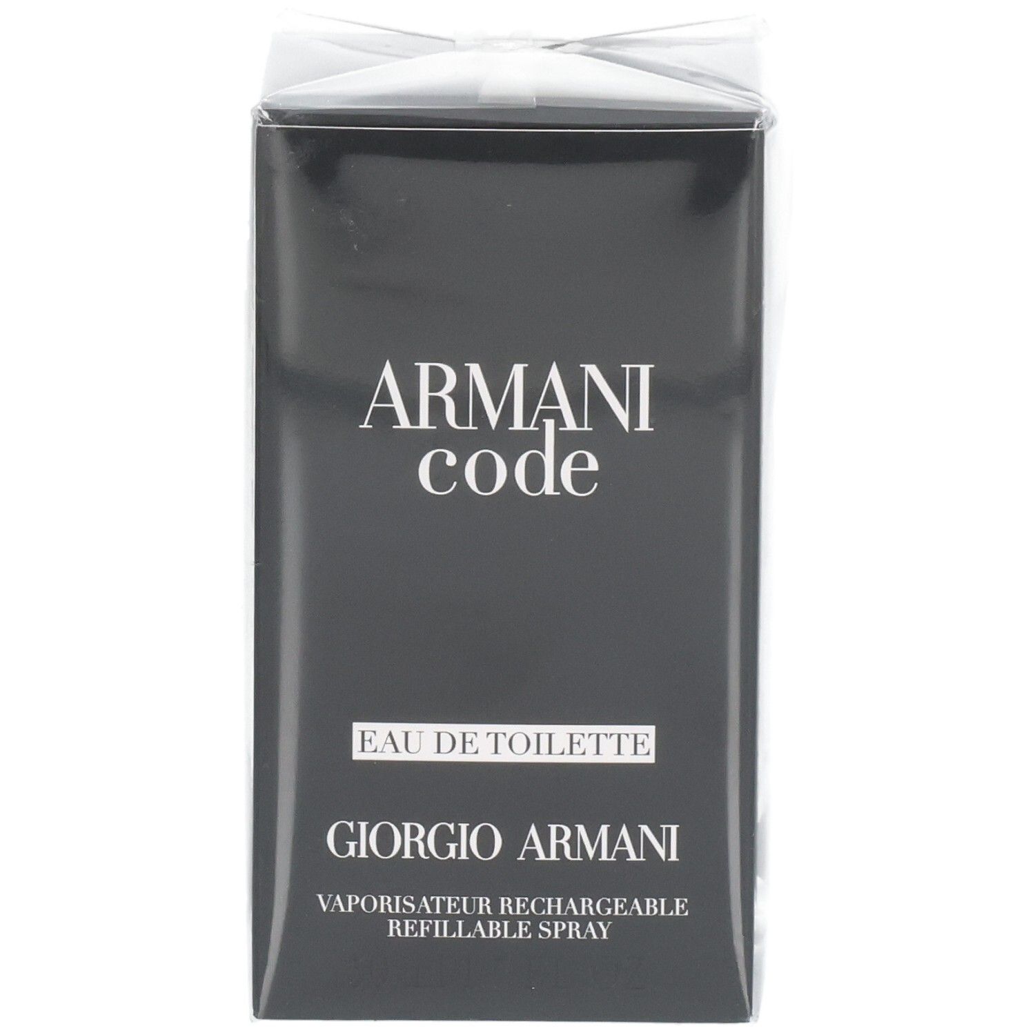 Face avant de l'emballage Armani Code Eau de Toilette Vaporisateur Rechargeable.