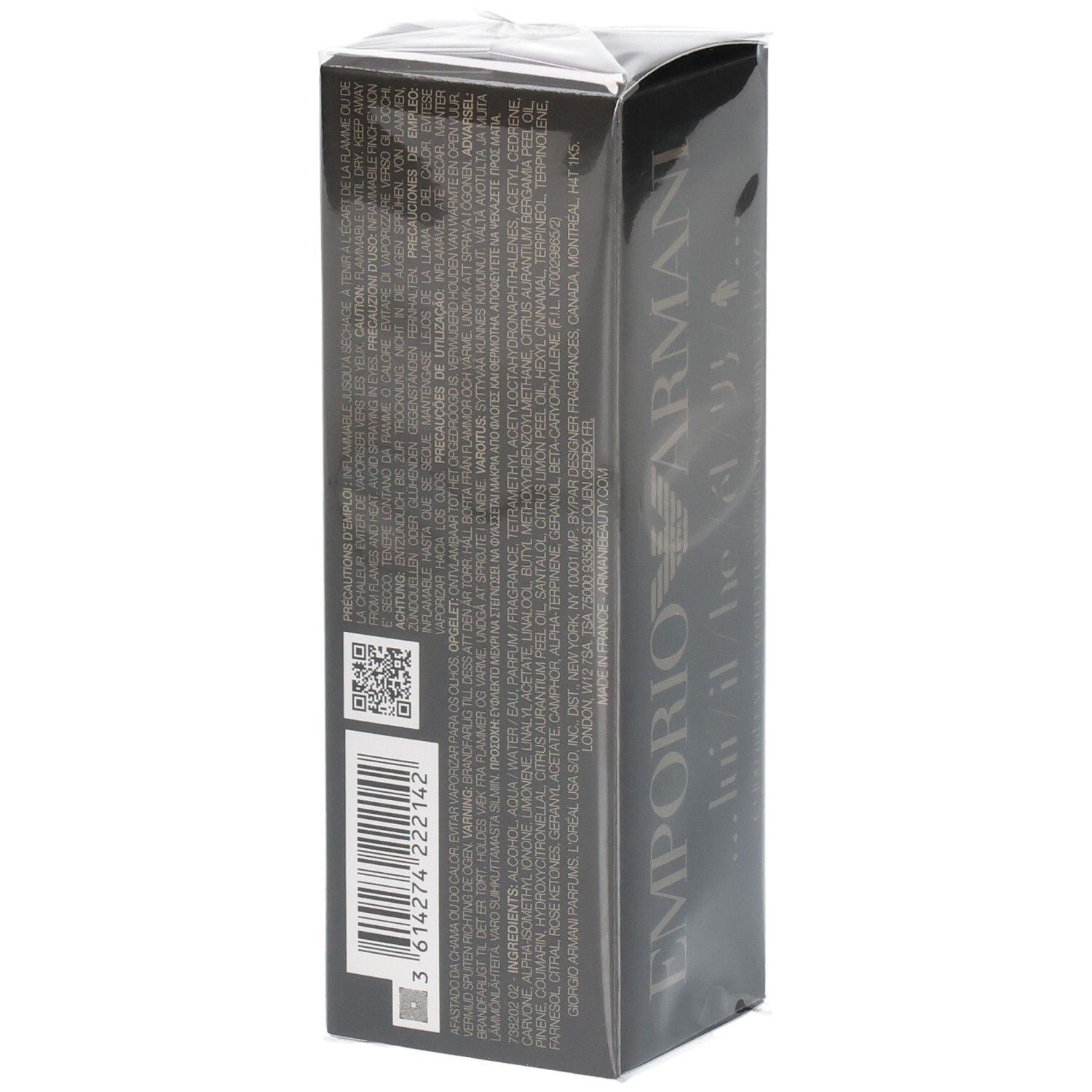 Arrière de l'emballage Emporio Armani Classic He Eau de Toilette avec ingrédients.