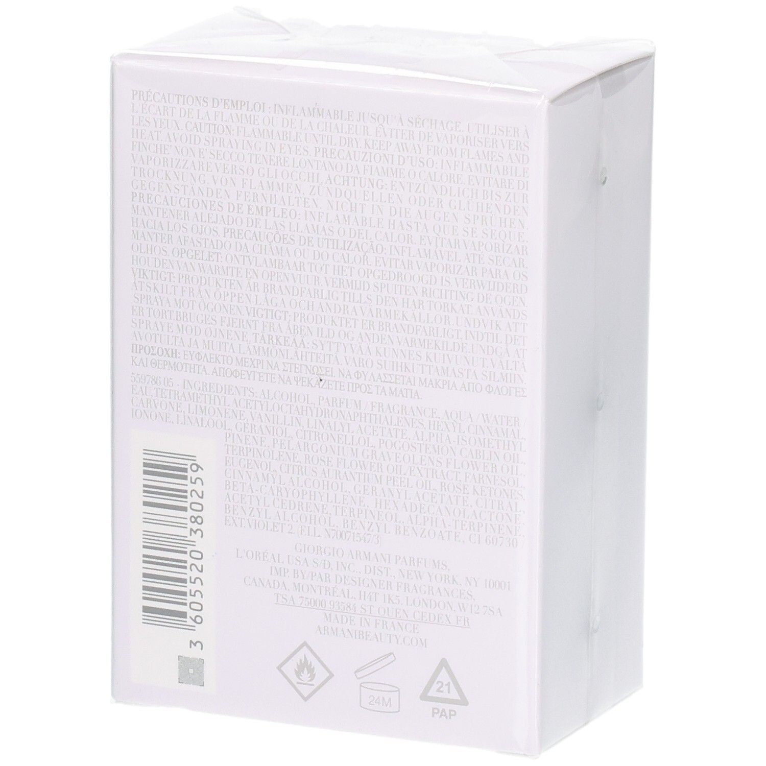 Arrière de l'emballage d'Emporio Armani Diamonds Eau de Parfum avec ingrédients et code-barres.