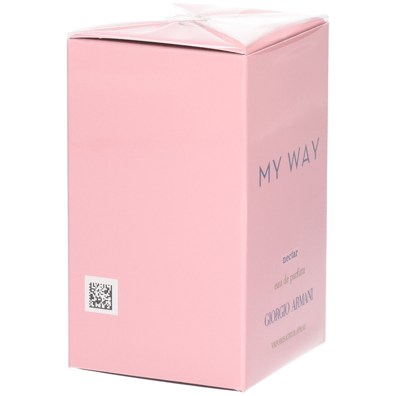 Boîte rose Giorgio Armani "My Way Nectar" Eau de Parfum avec code QR.