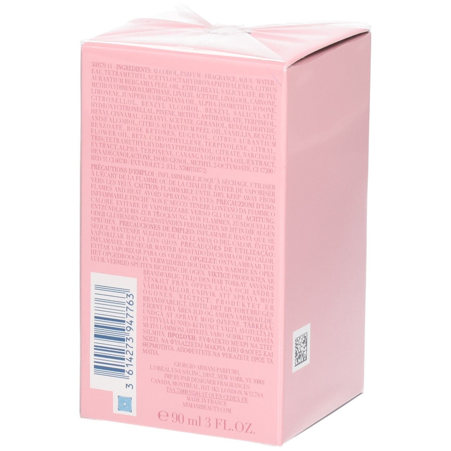 Boîte rose avec liste d'ingrédients et code-barres. Contient 90 ml.