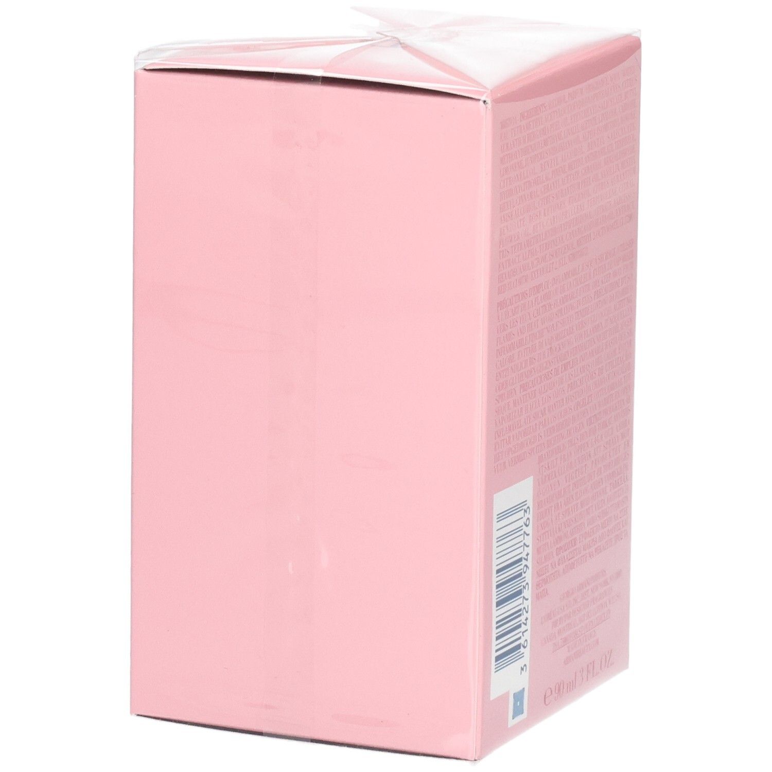 Boîte en carton rose avec code-barres et texte.