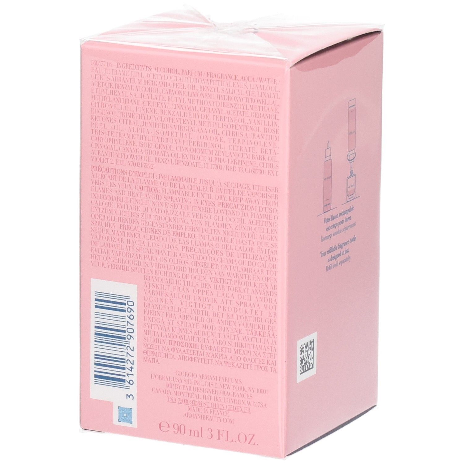 Arrière de l'emballage Giorgio Armani My Way Eau de Parfum avec ingrédients et code-barres.