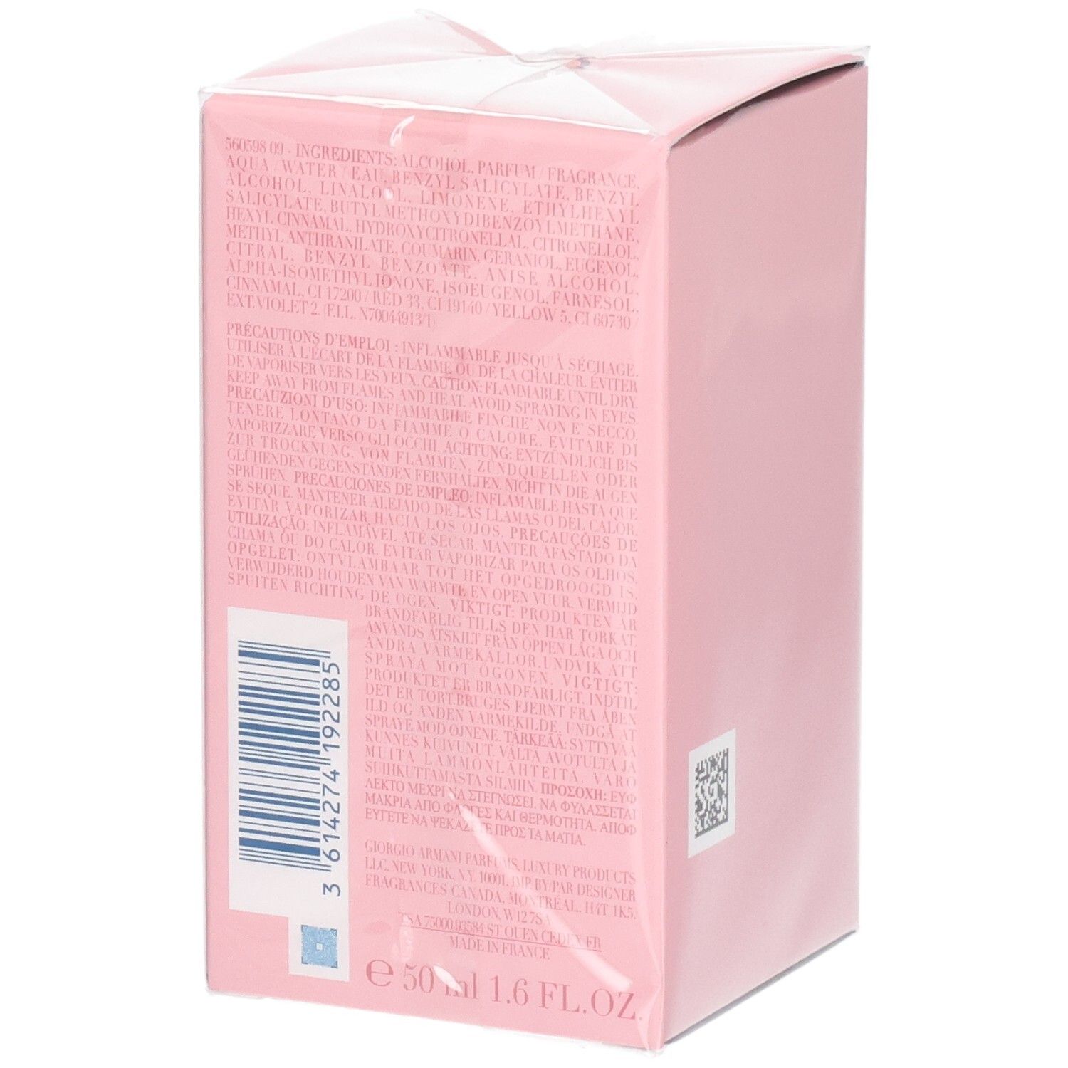 Boîte rose avec liste d'ingrédients et code-barres. Contient 50 ml.