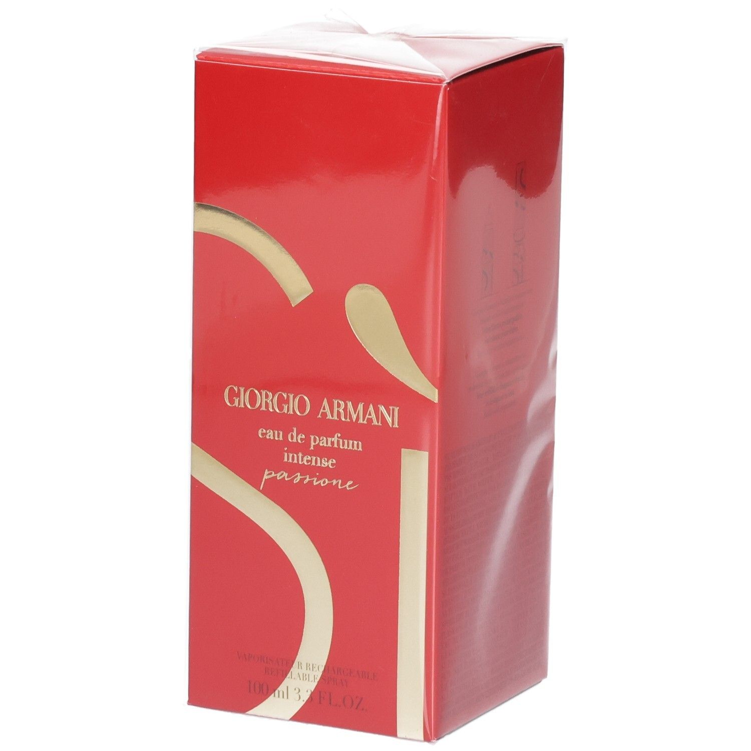 Boîte Giorgio Armani Si Intense Passione Eau de Parfum, rouge avec des accents dorés.