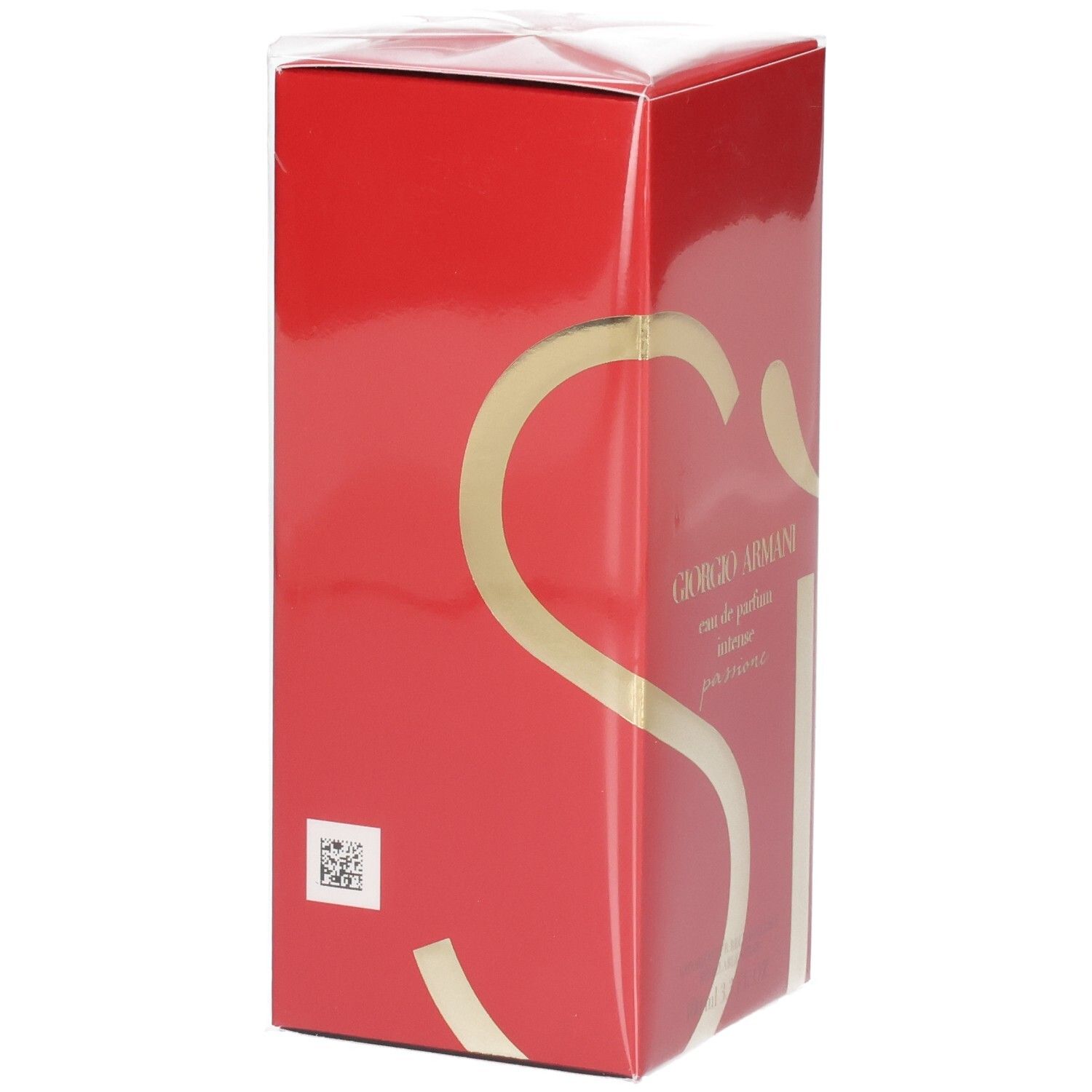 Boîte cadeau rouge Giorgio Armani Sì avec inscription dorée 'Sì' et code QR.