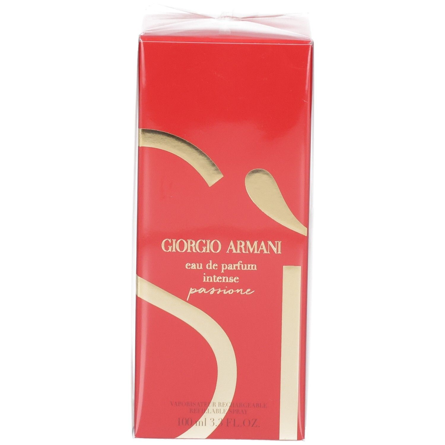 Boîte cadeau Giorgio Armani Si Passione Intense Eau de Parfum, rouge avec des accents dorés.