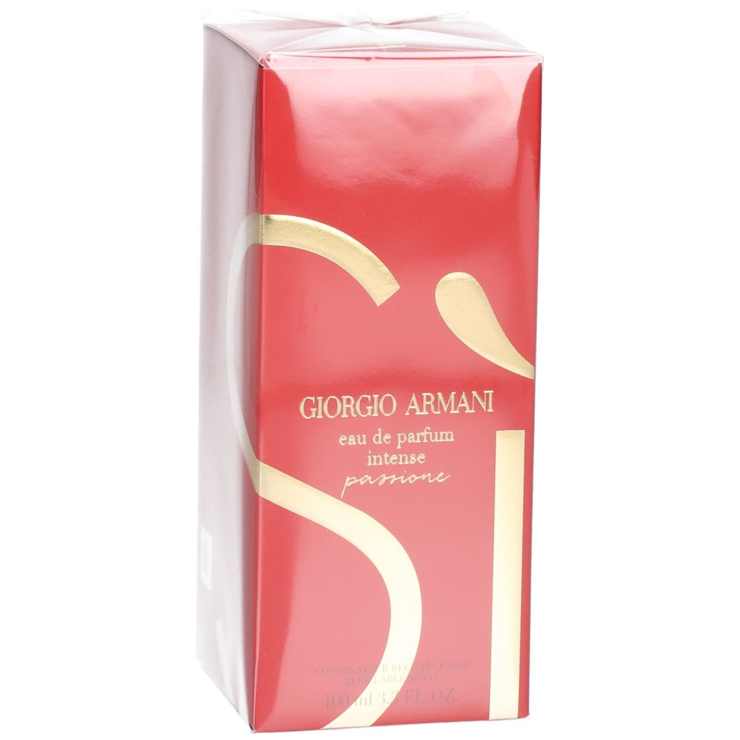 Boîte cadeau Giorgio Armani Si Intense Passione Eau de Parfum rouge avec accents dorés.