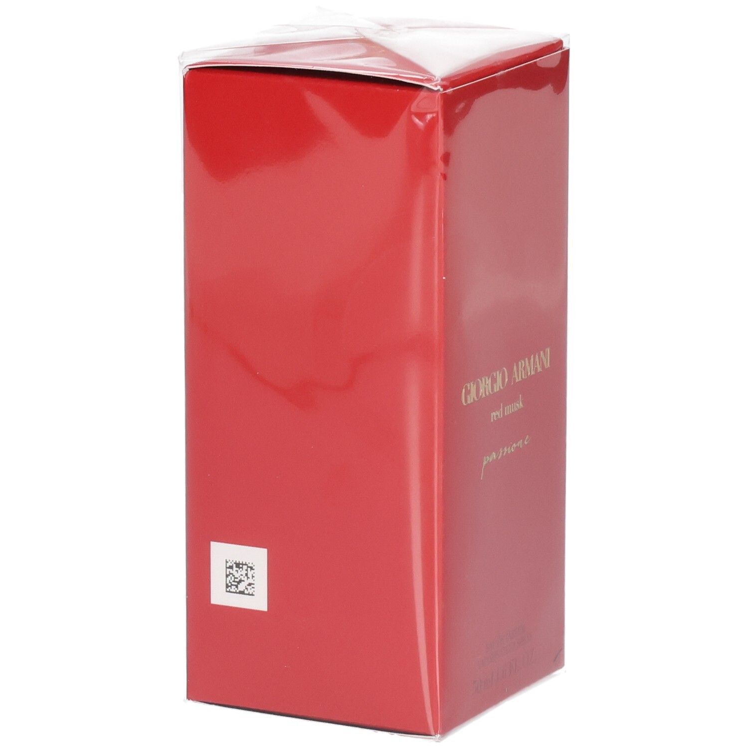 Boîte rouge Giorgio Armani avec texte "red musk" et code QR.