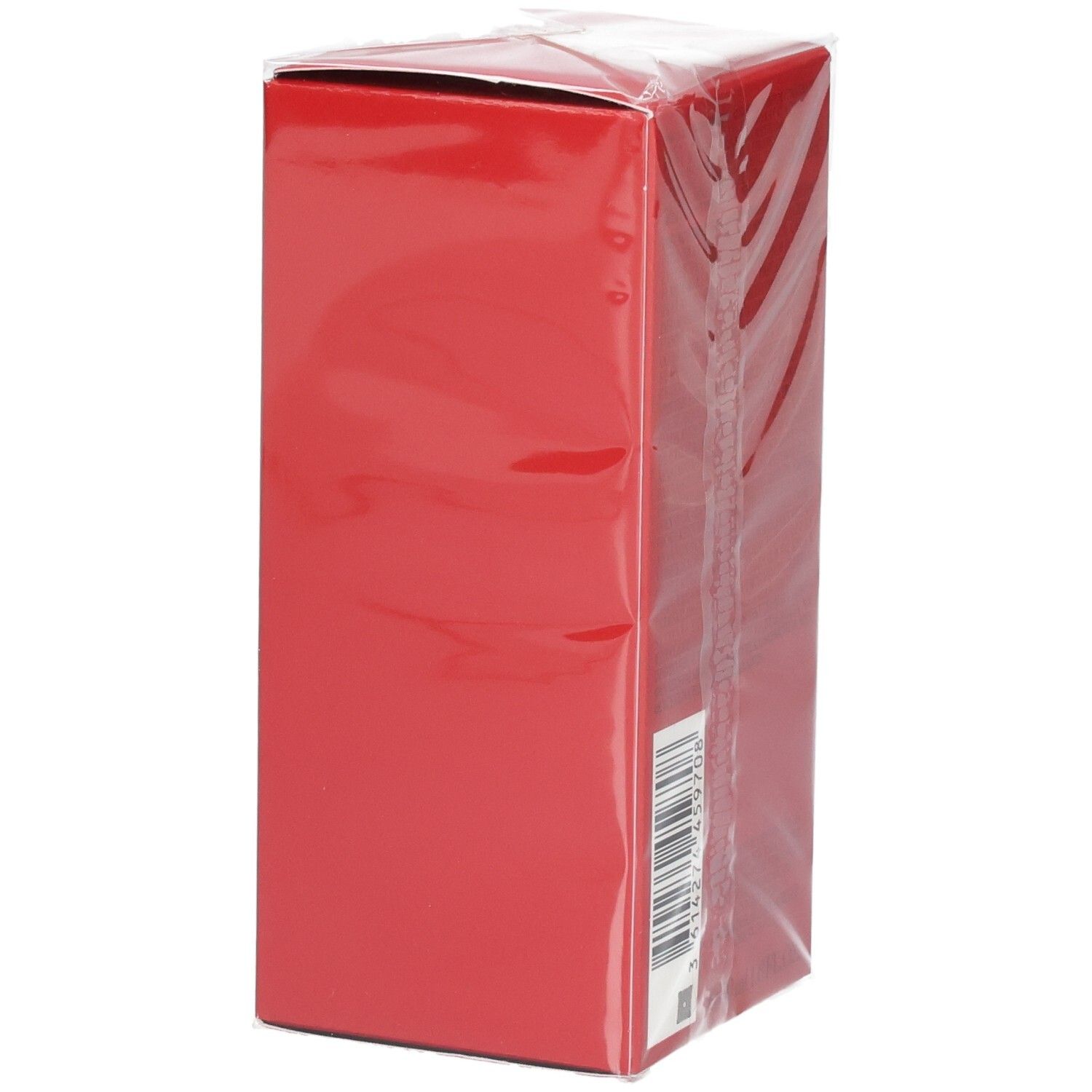 Boîte rouge, emballée sous film plastique transparent, avec code-barres sur le côté.