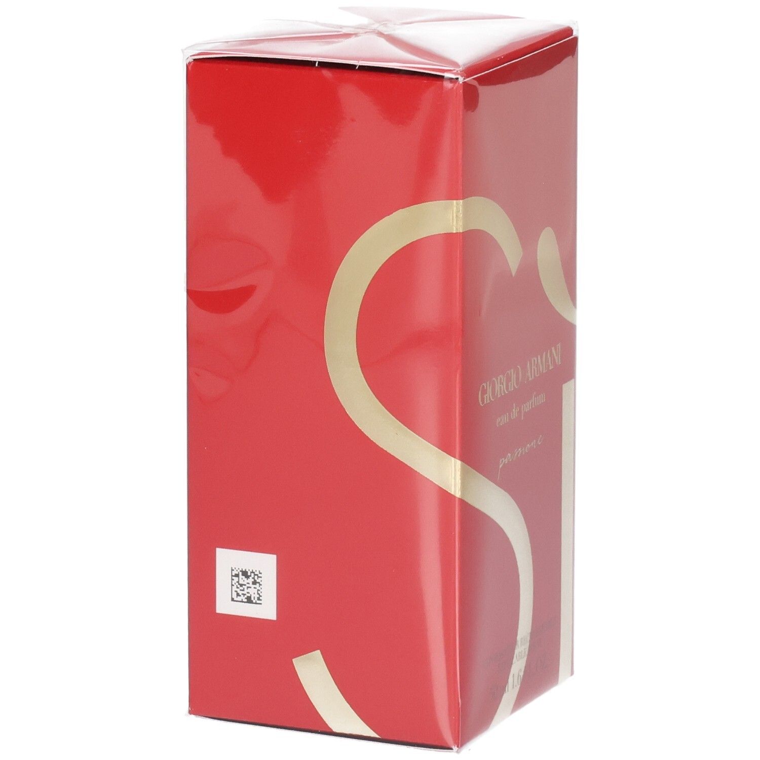 Boîte cadeau rouge Giorgio Armani Si Eau de Parfum avec inscription dorée et code QR.