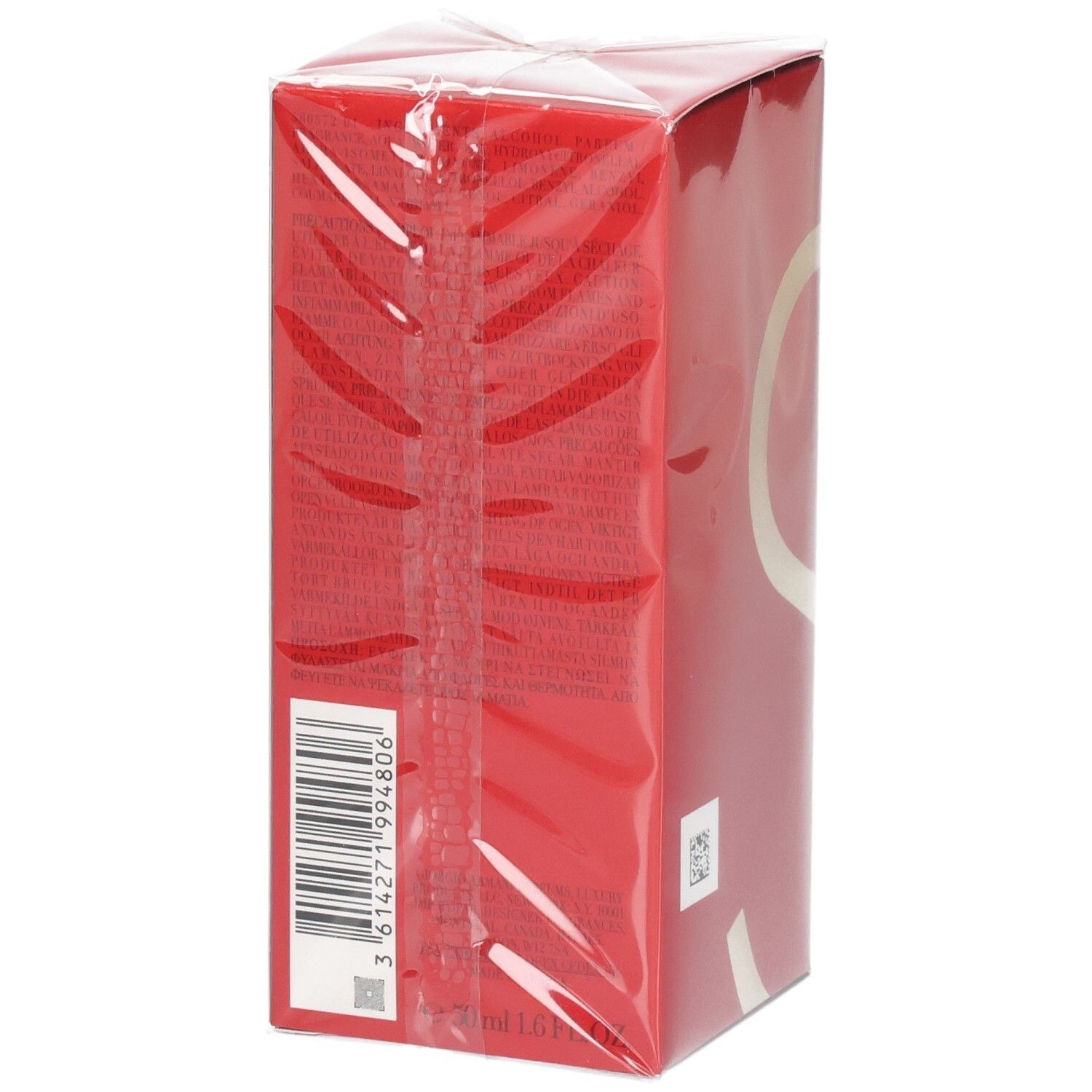 Emballage de produit rouge avec code-barres et texte.
