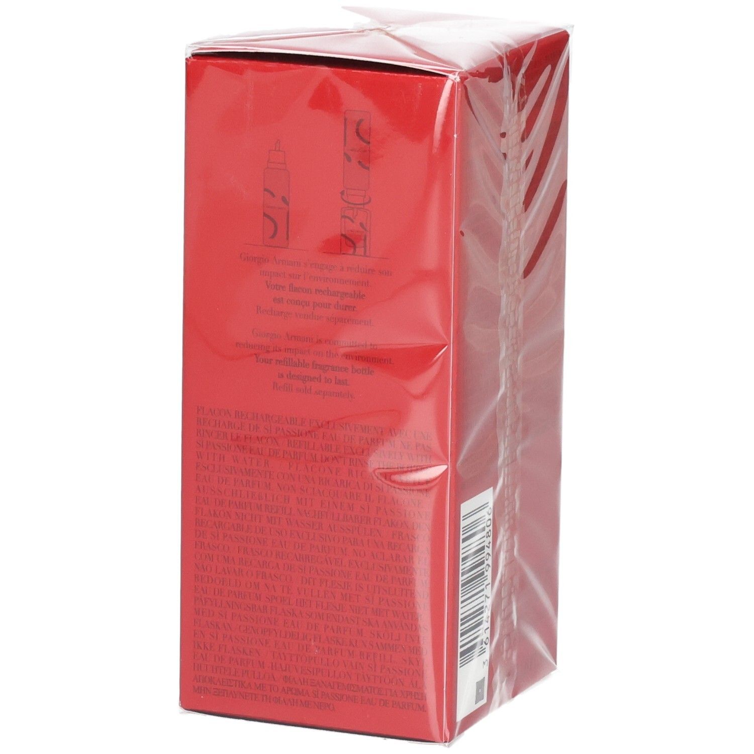 Emballage rectangulaire rouge avec texte et symboles, scellé dans du plastique transparent.