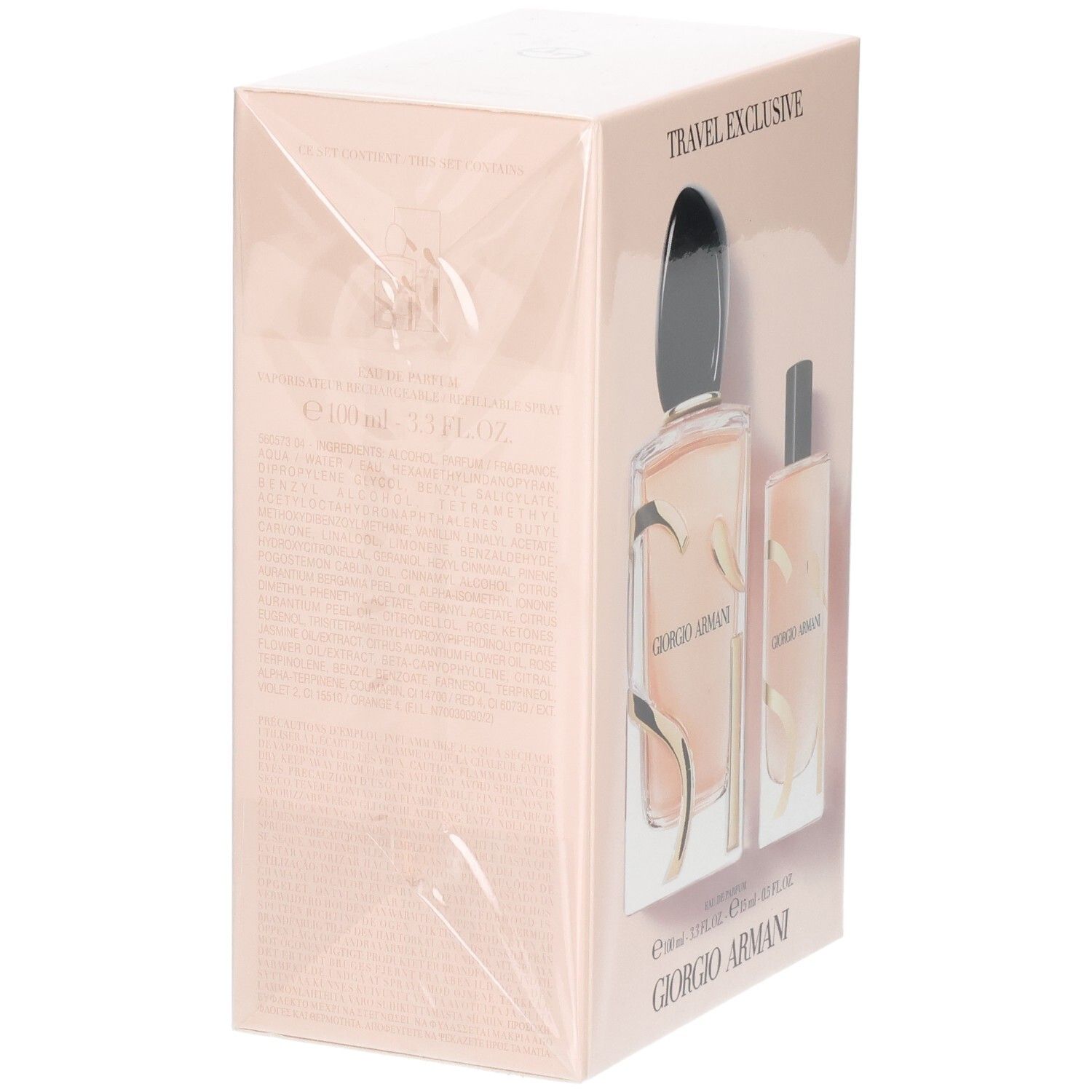 Coffret cadeau Giorgio Armani Sì Eau de Parfum Travel Set, côté avec flacons et détails.