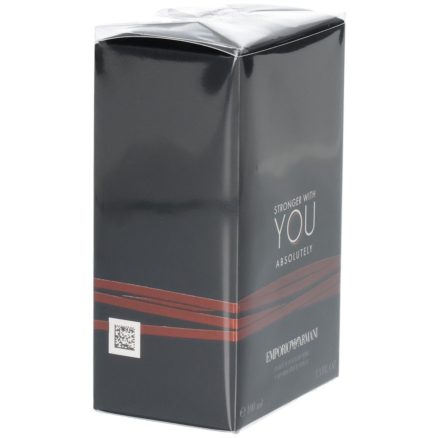 Boîte de parfum gris foncé avec design à ruban rouge. Inscription Emporio Armani "Stronger With You Absolutely".