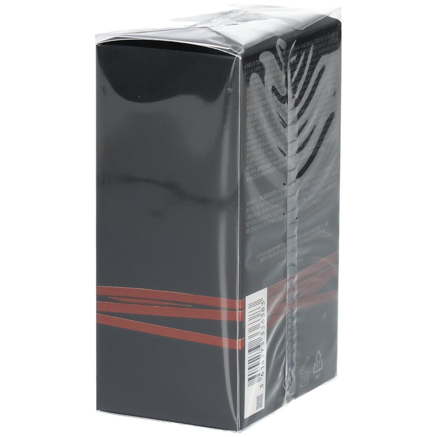 Boîte rectangulaire noire avec lignes rouges et code-barres, scellée sous film plastique.
