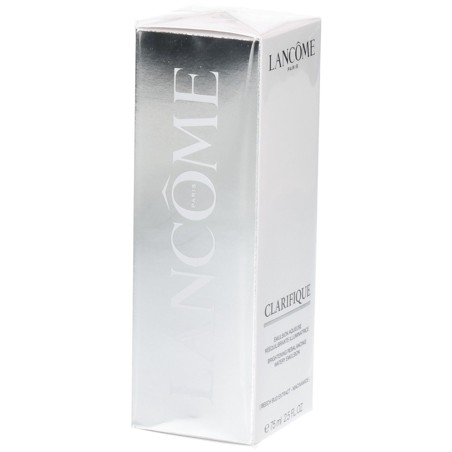 Emballage Lancôme Clarifique, finition argentée, 75 ml.