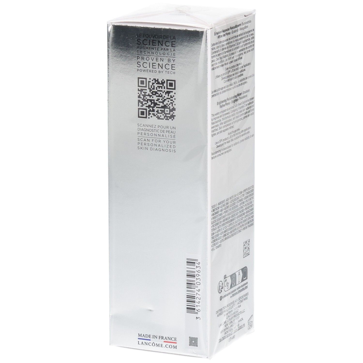Emballage Lancôme Clarifique avec QR code et mention 'Made in France'.