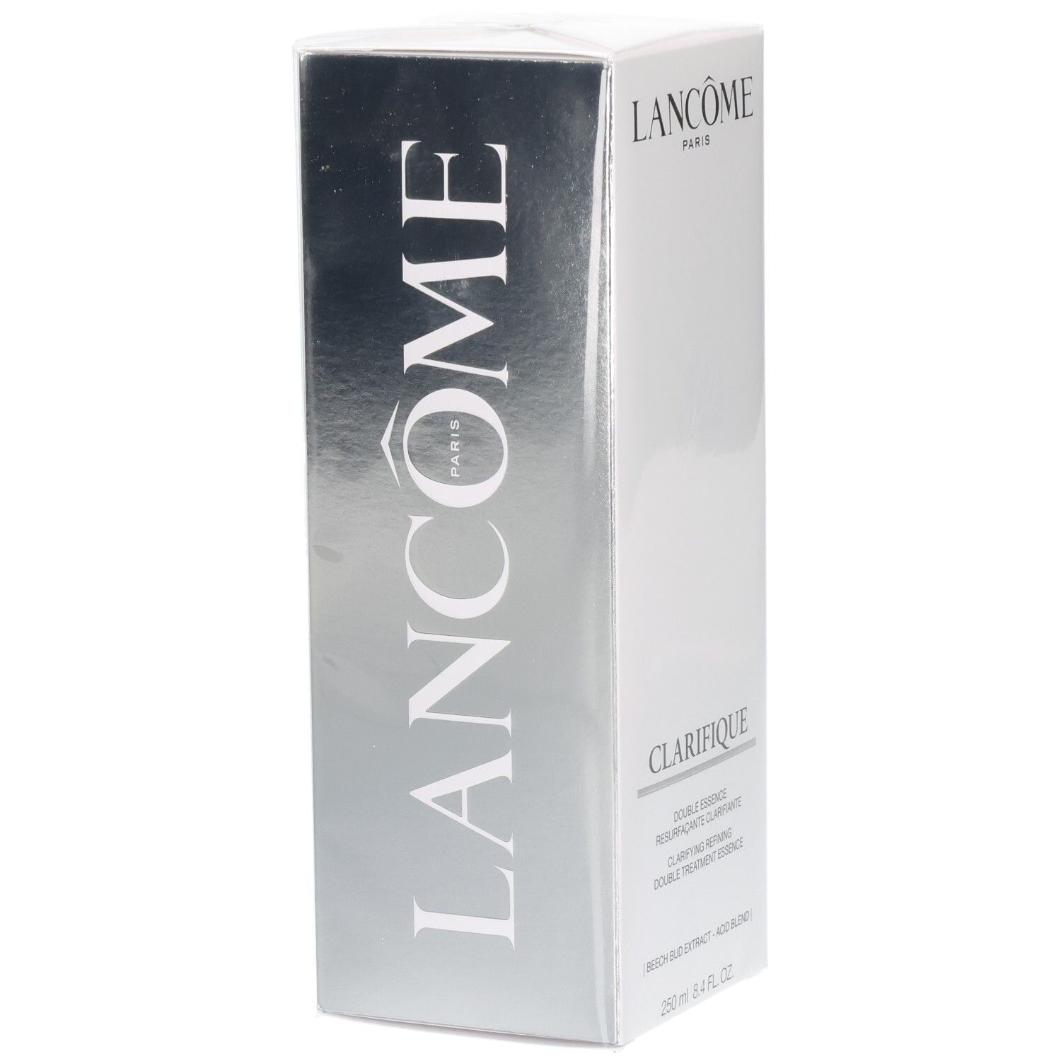 Boîte cosmétique Lancôme Clarifique avec finition argentée brillante et informations produit.