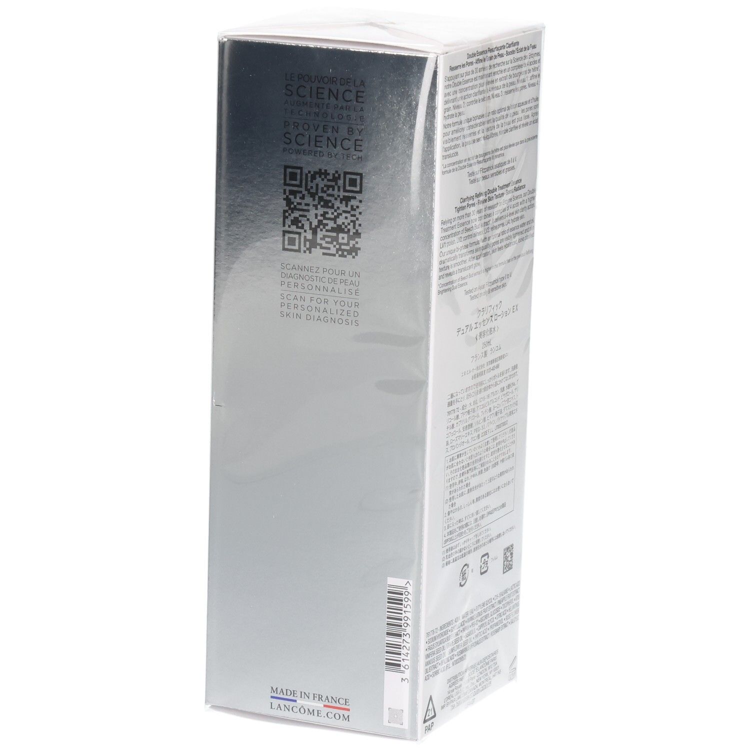 Boîte cosmétique argentée avec QR code et texte 'Made in France Lancome.com'.