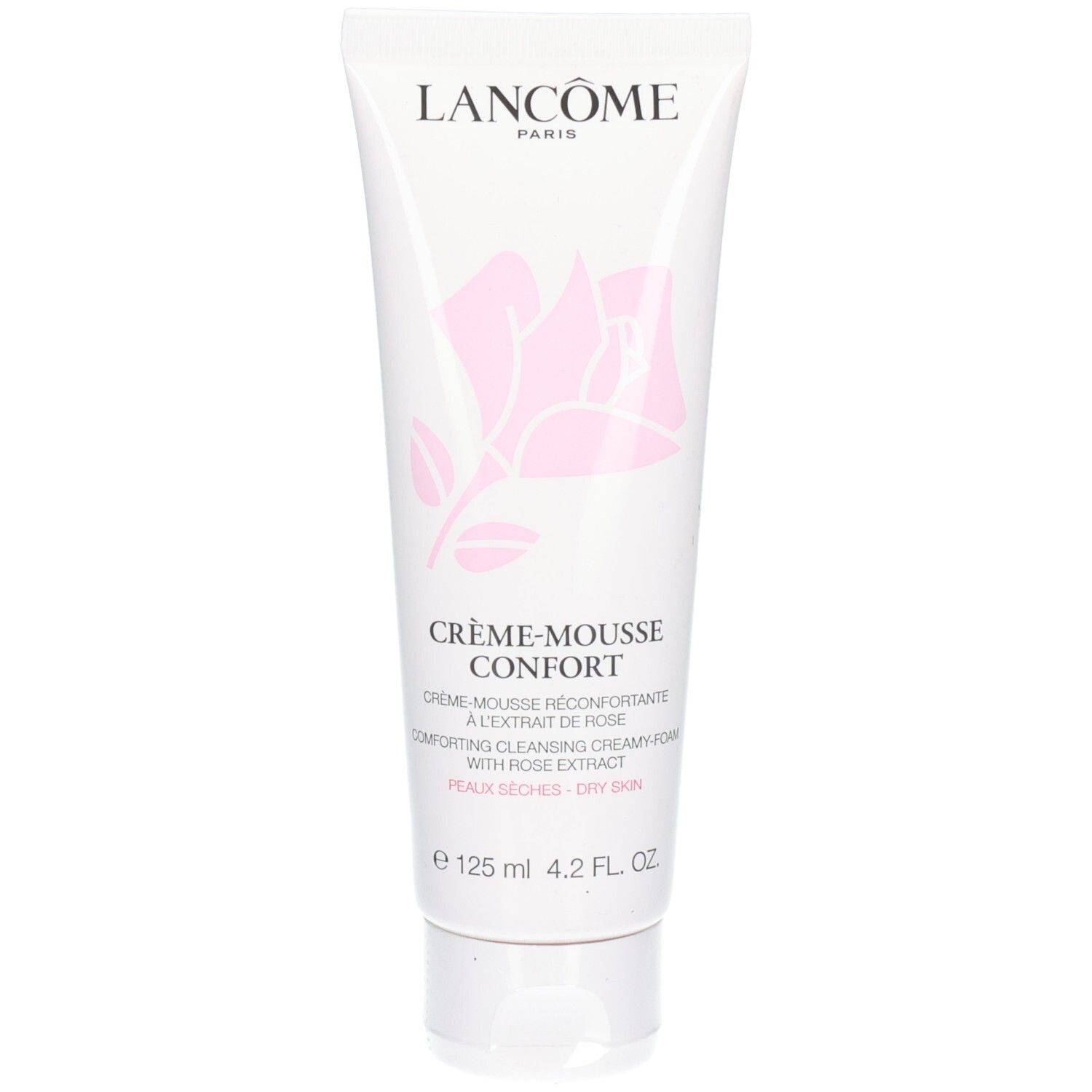 Tube blanc Lancôme Crème Mousse Confort avec motif floral rose et informations produit.