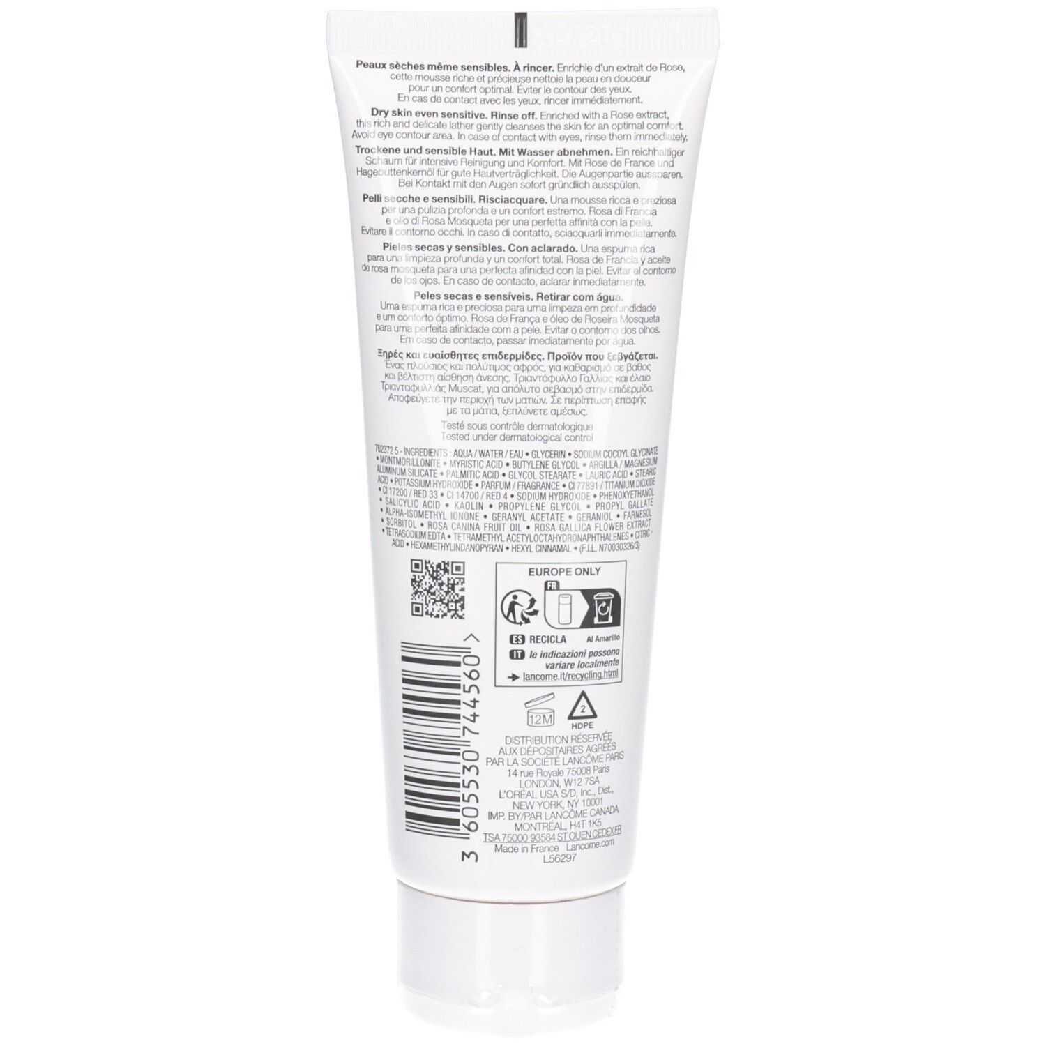 Arrière d'un tube blanc Lancôme Crème Mousse Confort avec instructions d'utilisation et ingrédients.