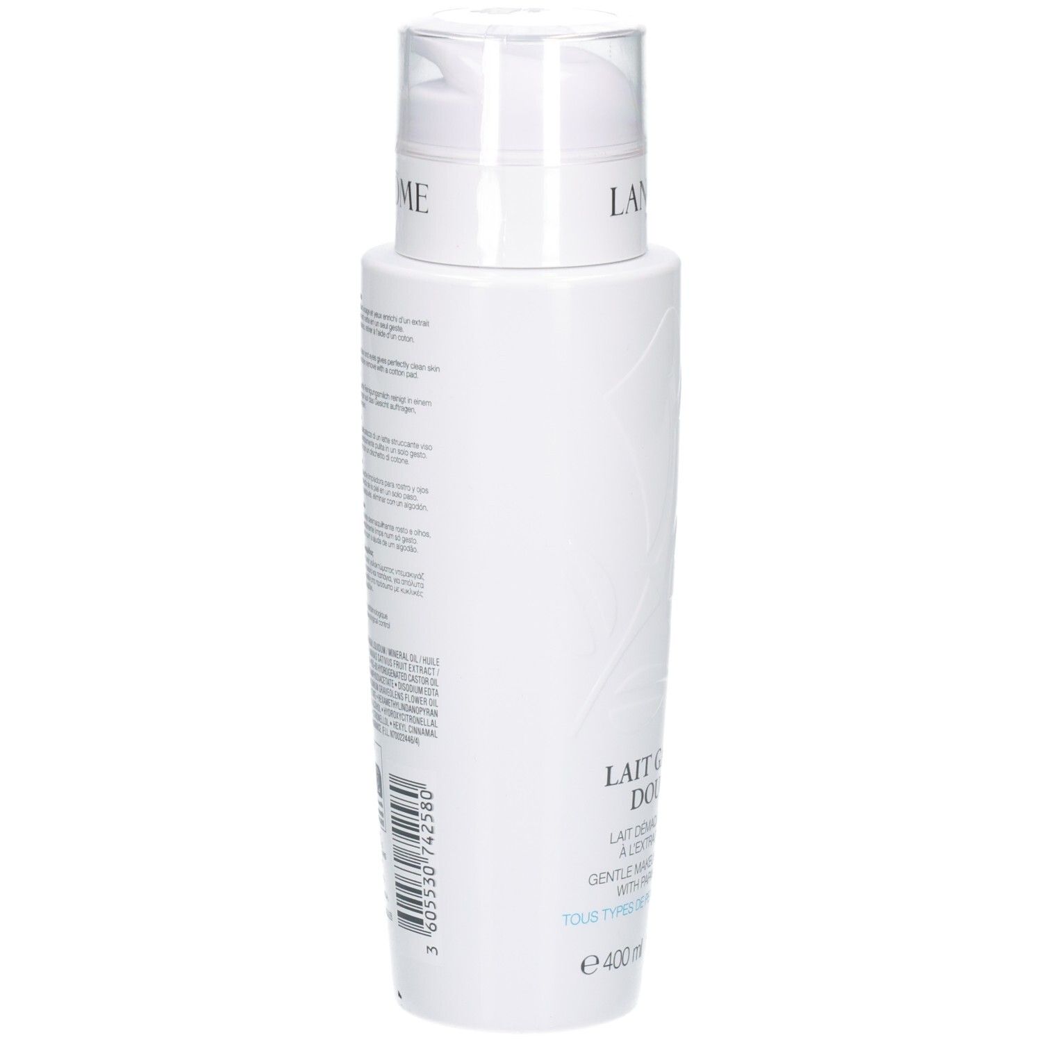 Arrière du flacon Lancôme Galatéis Douceur Lait Démaquillant 400ml.