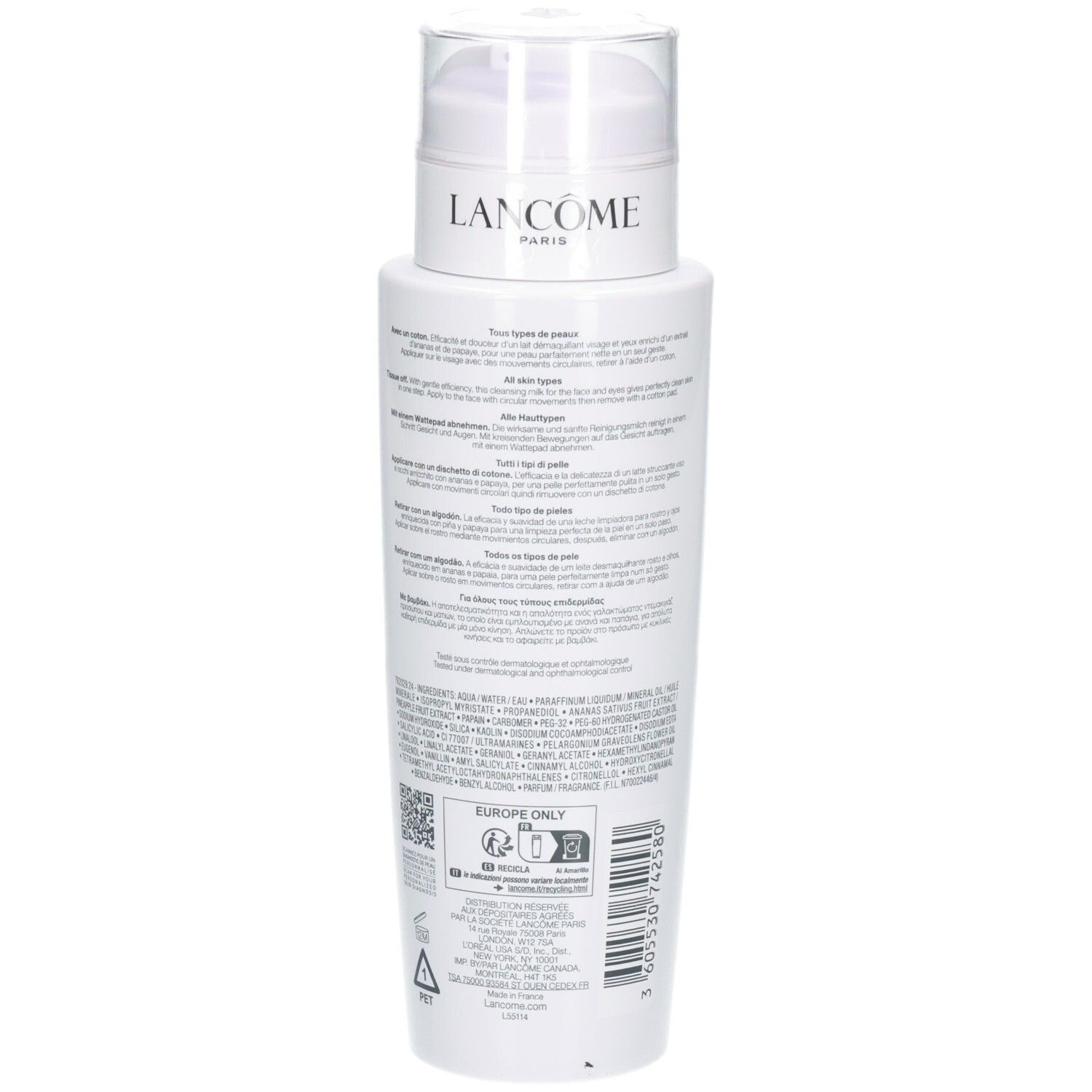 Vue détaillée de l'arrière du flacon Lancôme Galatéis Douceur 400ml.