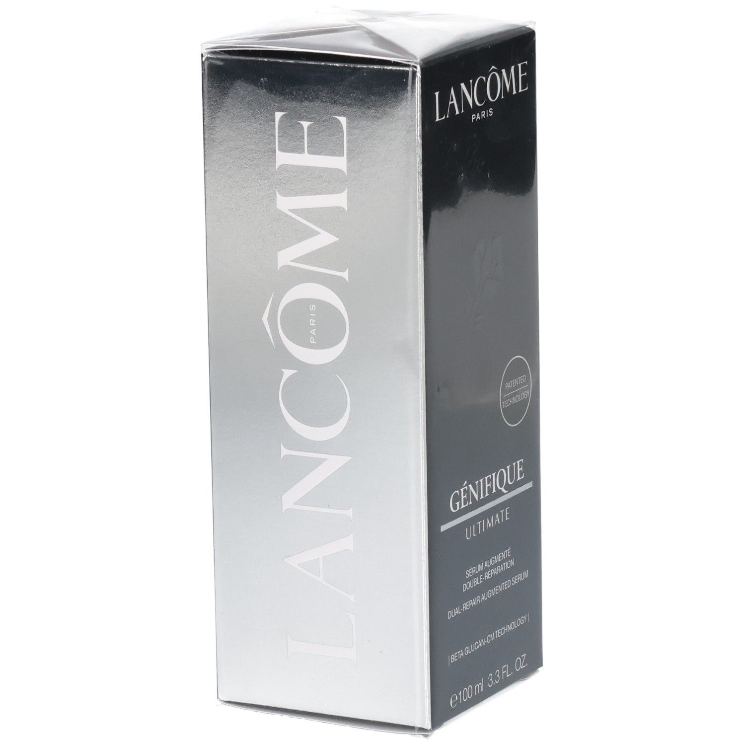 Boîte Lancôme Génifique Ultimate Sérum, 100ml, face avant argentée et noire.