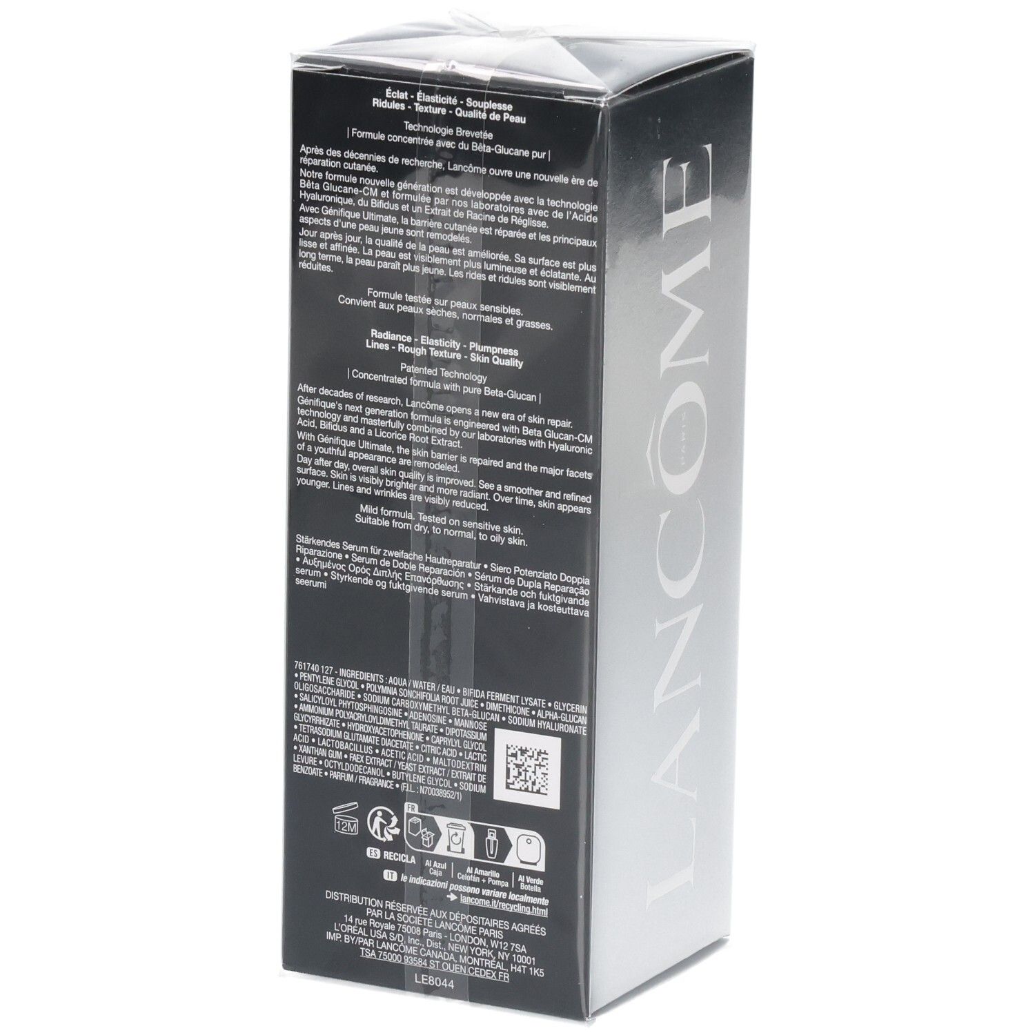 Boîte Lancôme Génifique Ultimate Sérum, dos avec informations produit et code QR.