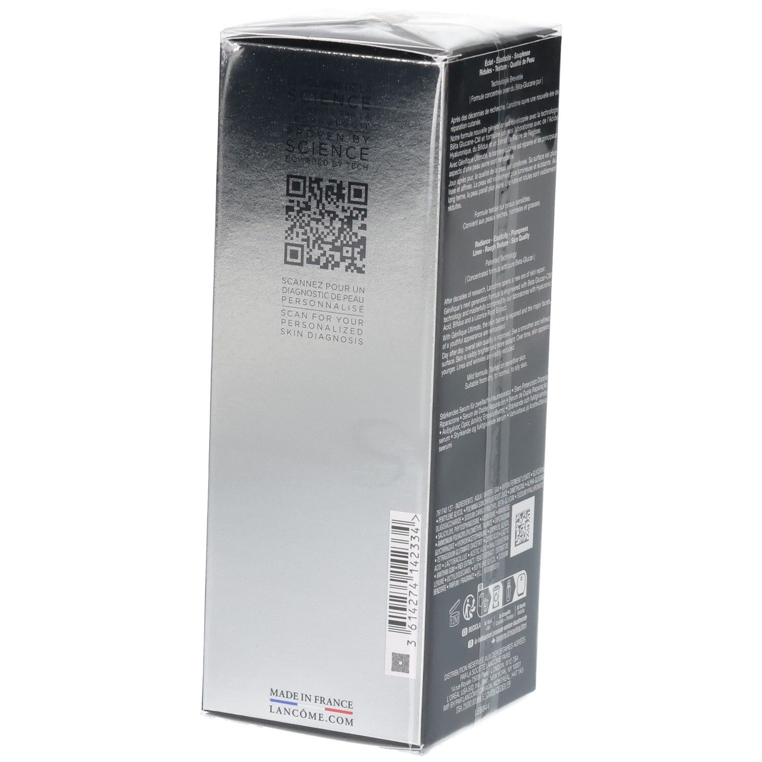 Boîte Lancôme Génifique Ultimate Sérum, côté avec code QR et "Made in France".