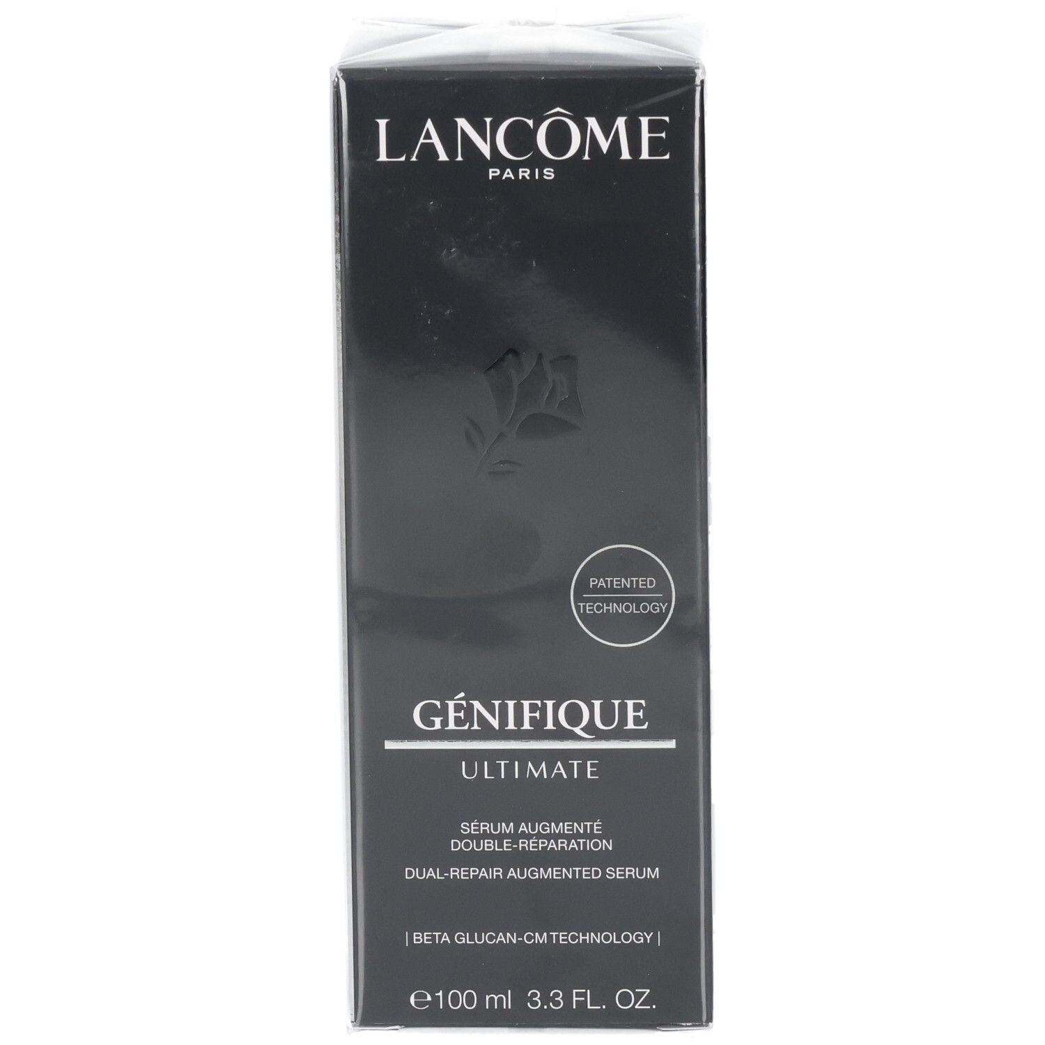 Boîte Lancôme Génifique Ultimate Sérum, 100ml, avec sceau "Patented Technology".