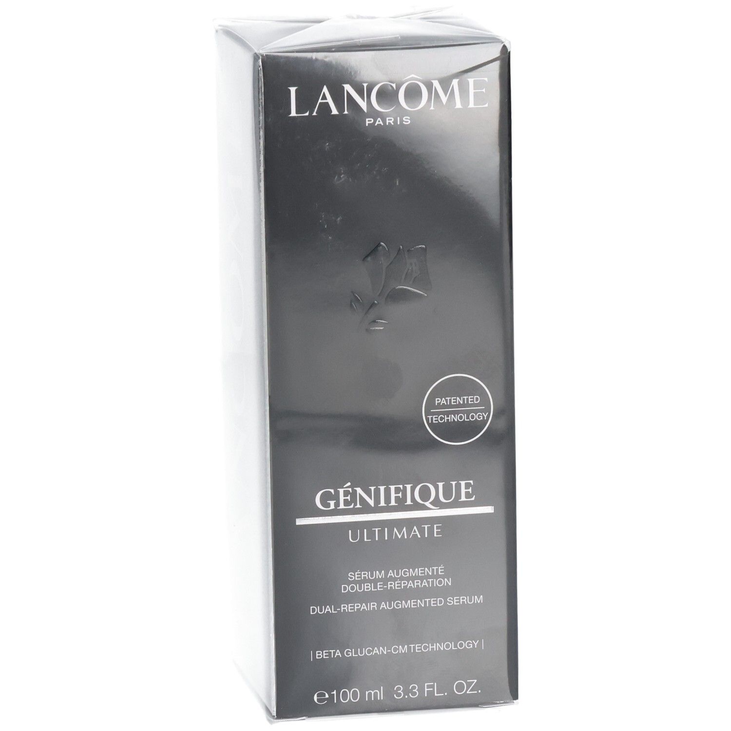 Boîte Lancôme Génifique Ultimate Sérum, 100ml, face avant noire avec logo et nom du produit.