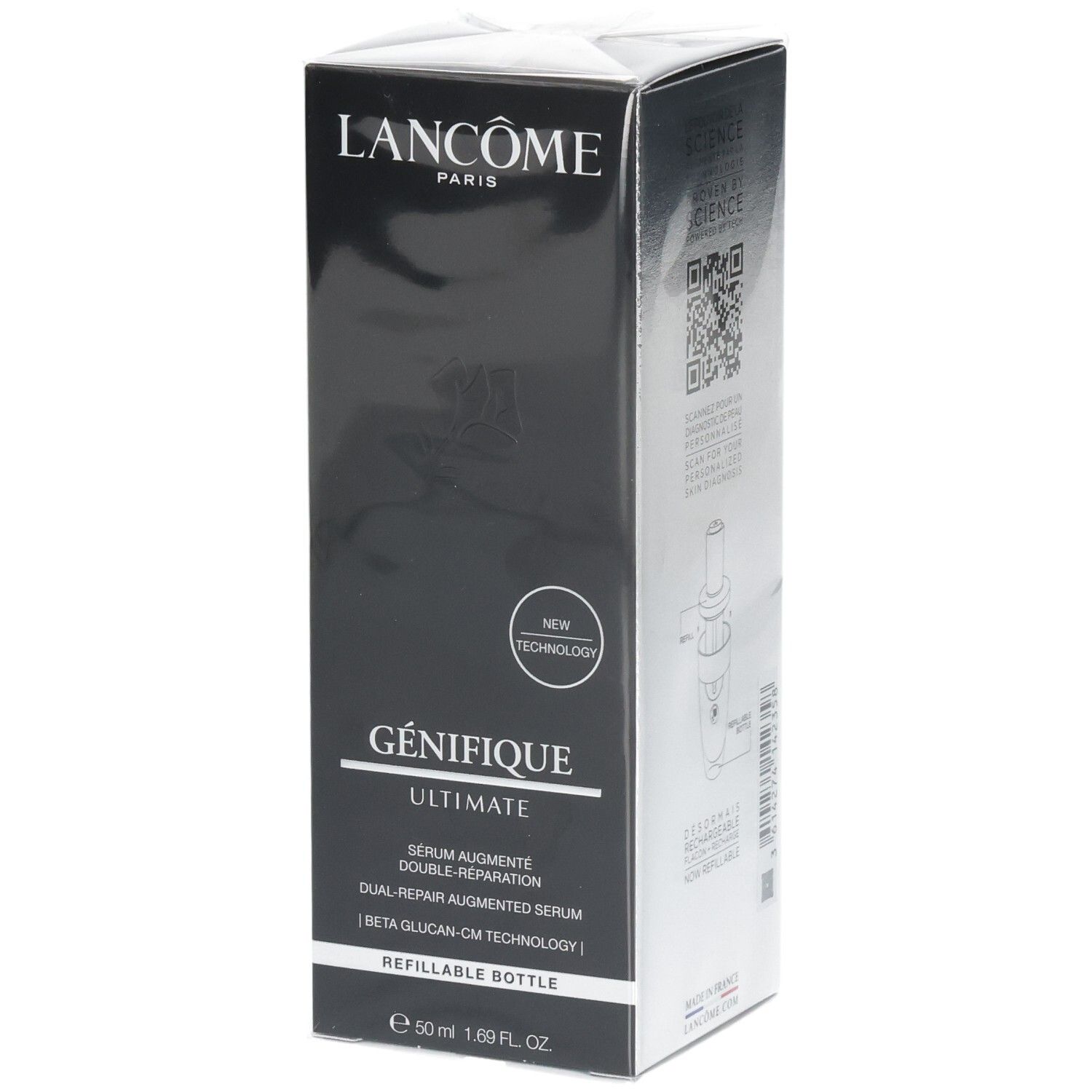 Boîte Lancôme Génifique Ultimate Sérum, 50ml, avec mention "New Technology".