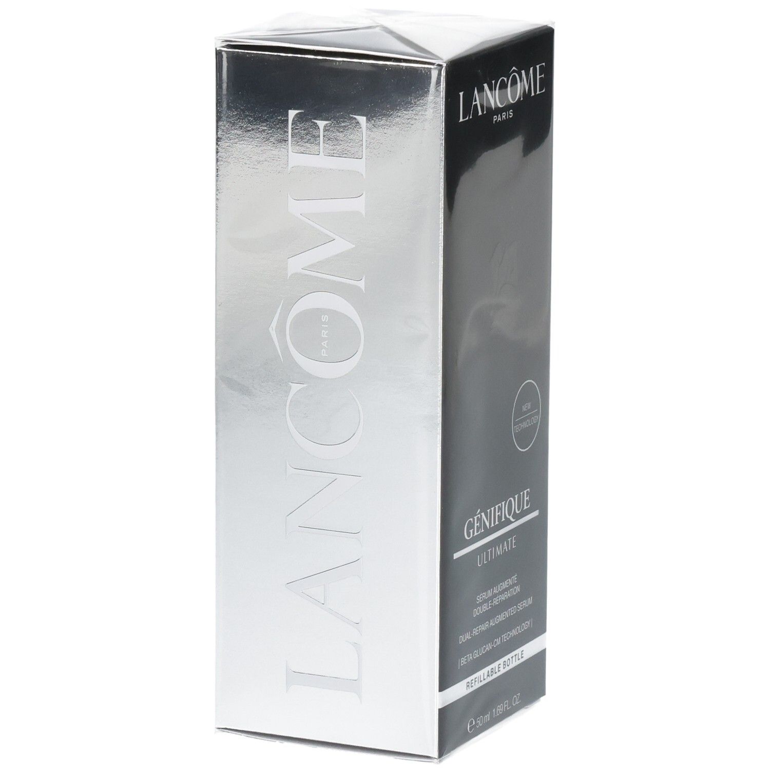 Boîte Lancôme Génifique Ultimate Sérum, design argenté et noir, avec logo.
