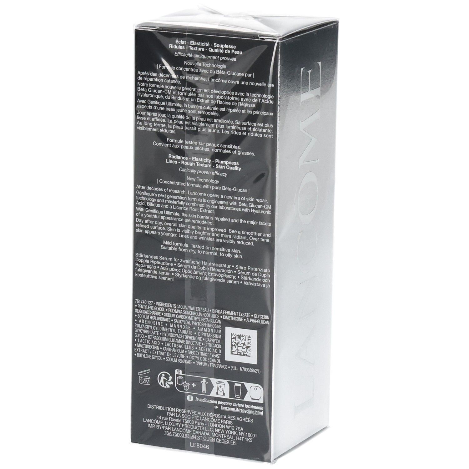 Arrière de la boîte Lancôme Génifique Ultimate Sérum avec informations produit et ingrédients.