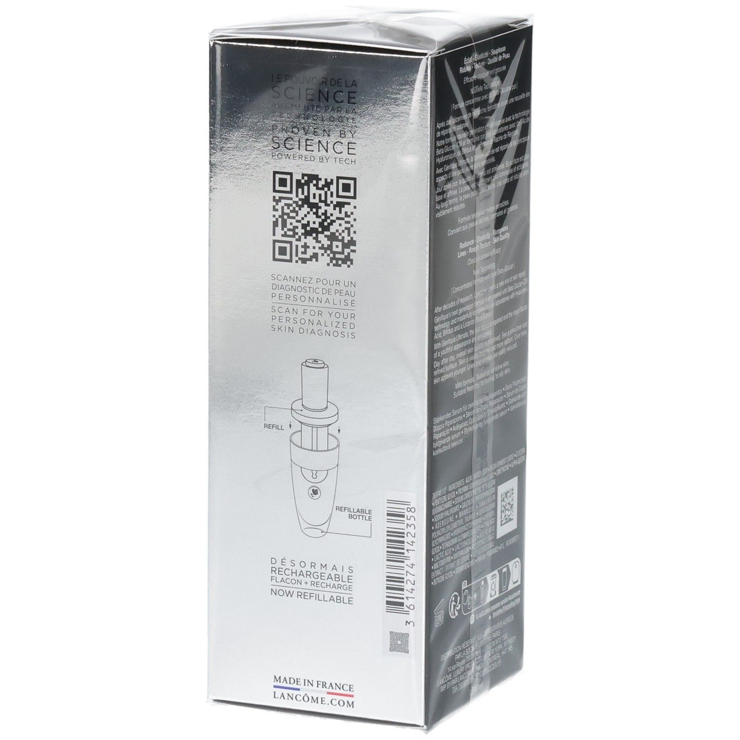Côté de la boîte Lancôme Génifique Ultimate Sérum avec QR code et instructions de recharge.