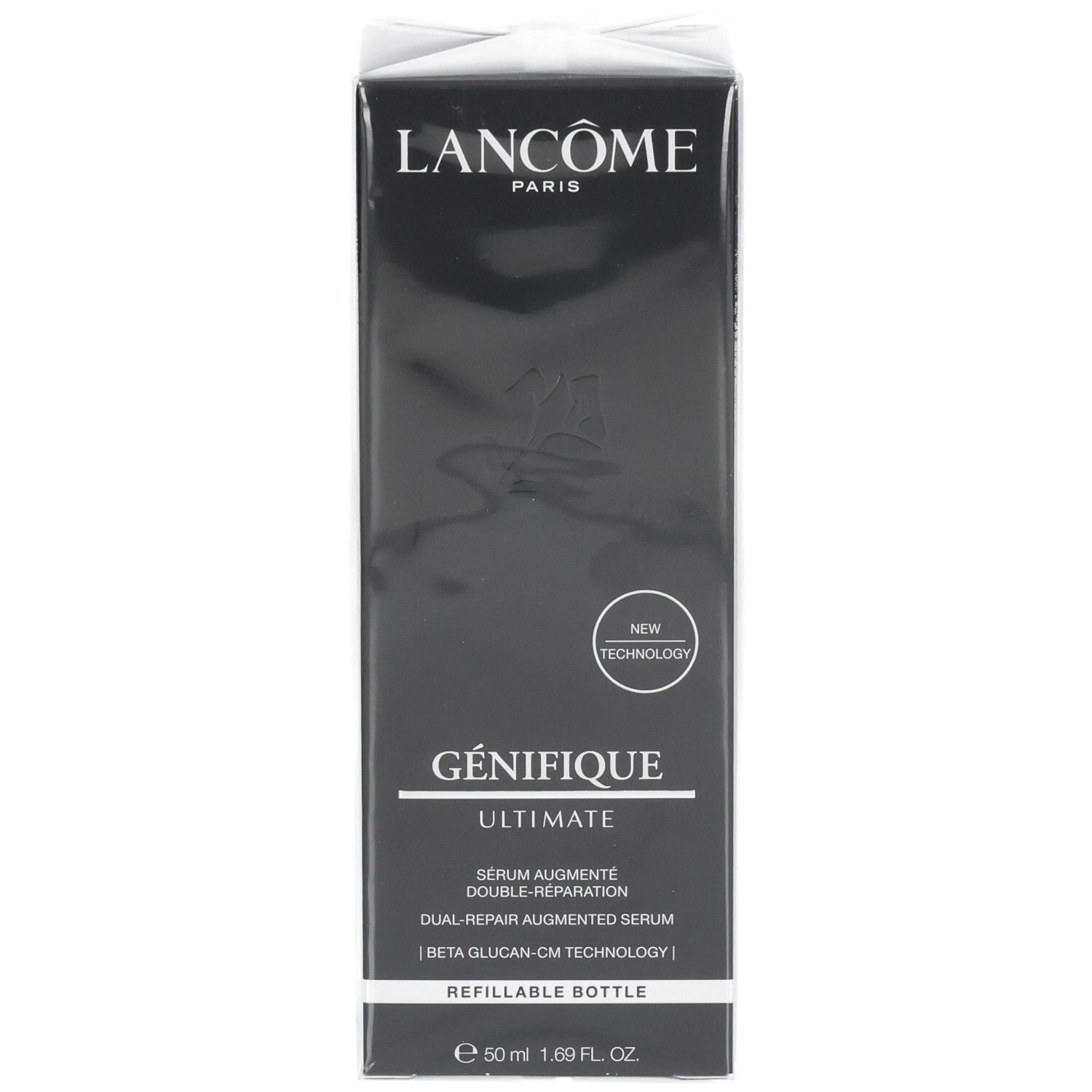 Boîte Lancôme Génifique Ultimate Sérum, face avant avec nom du produit et indication 50ml.