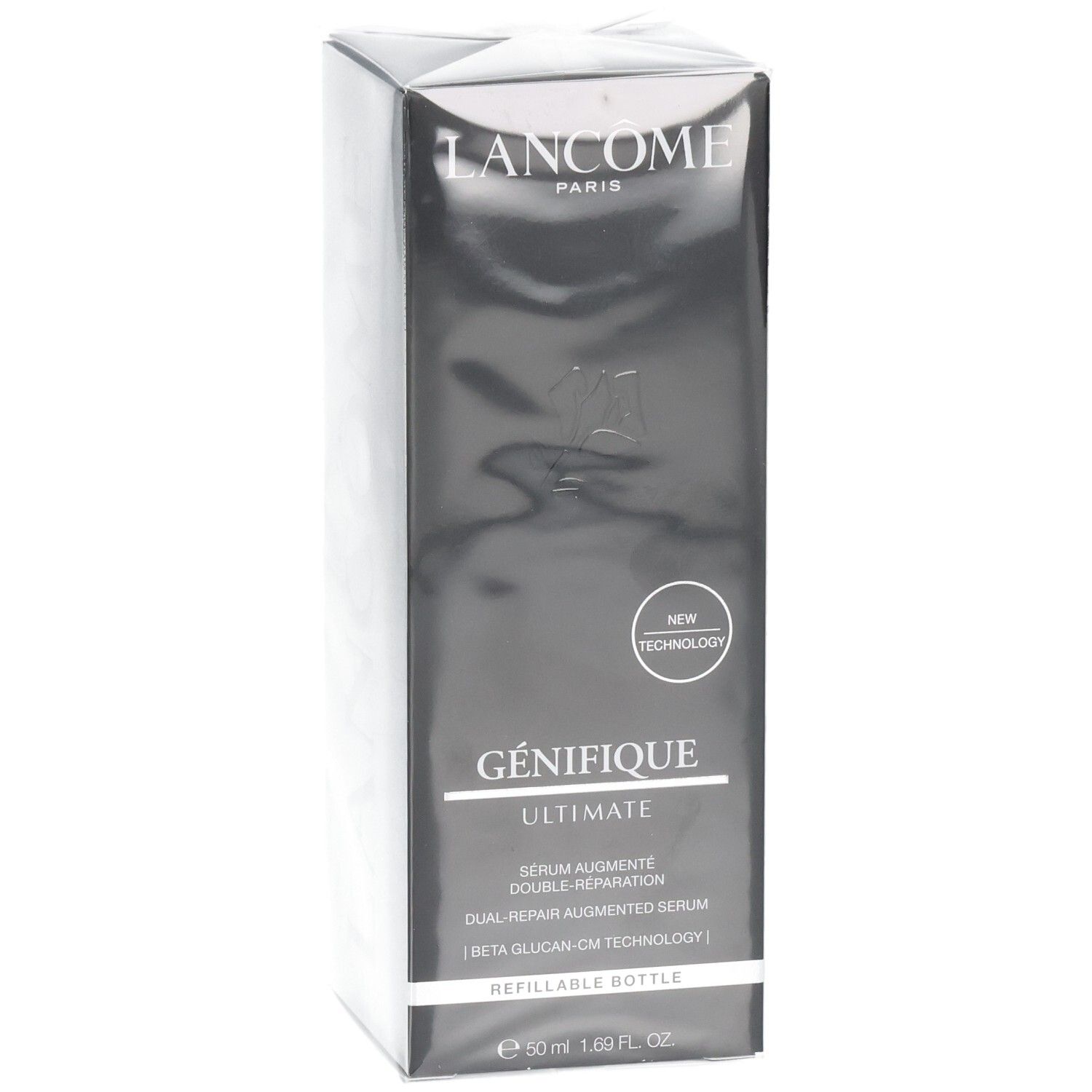 Boîte Lancôme Génifique Ultimate Sérum, 50ml, mention "New Technology" et "Refillable Bottle".