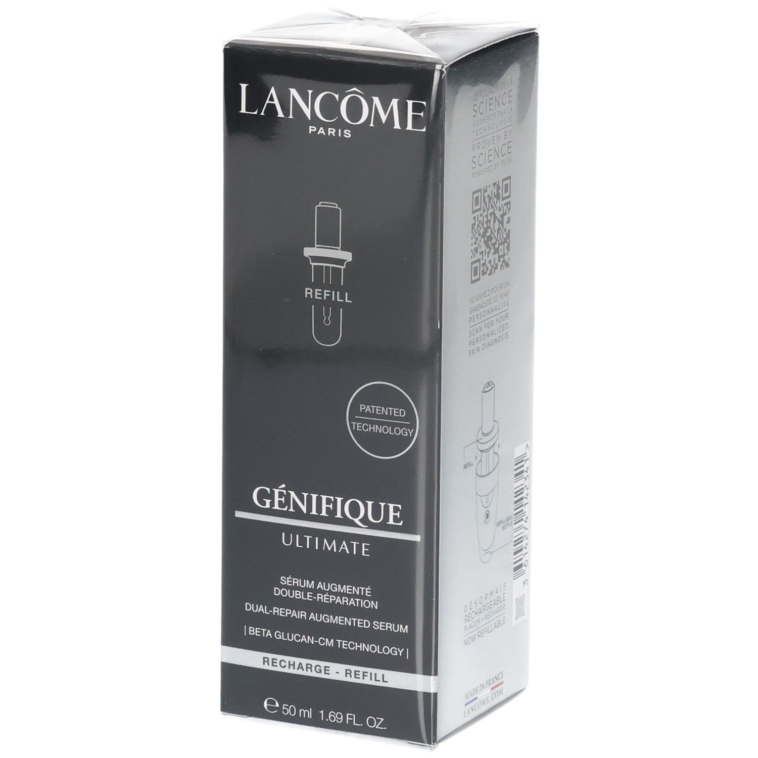 Lancôme Génifique Ultimate Sérum Recharge sur emballage noir et argenté avec pipette et sceau "Patented Technology".