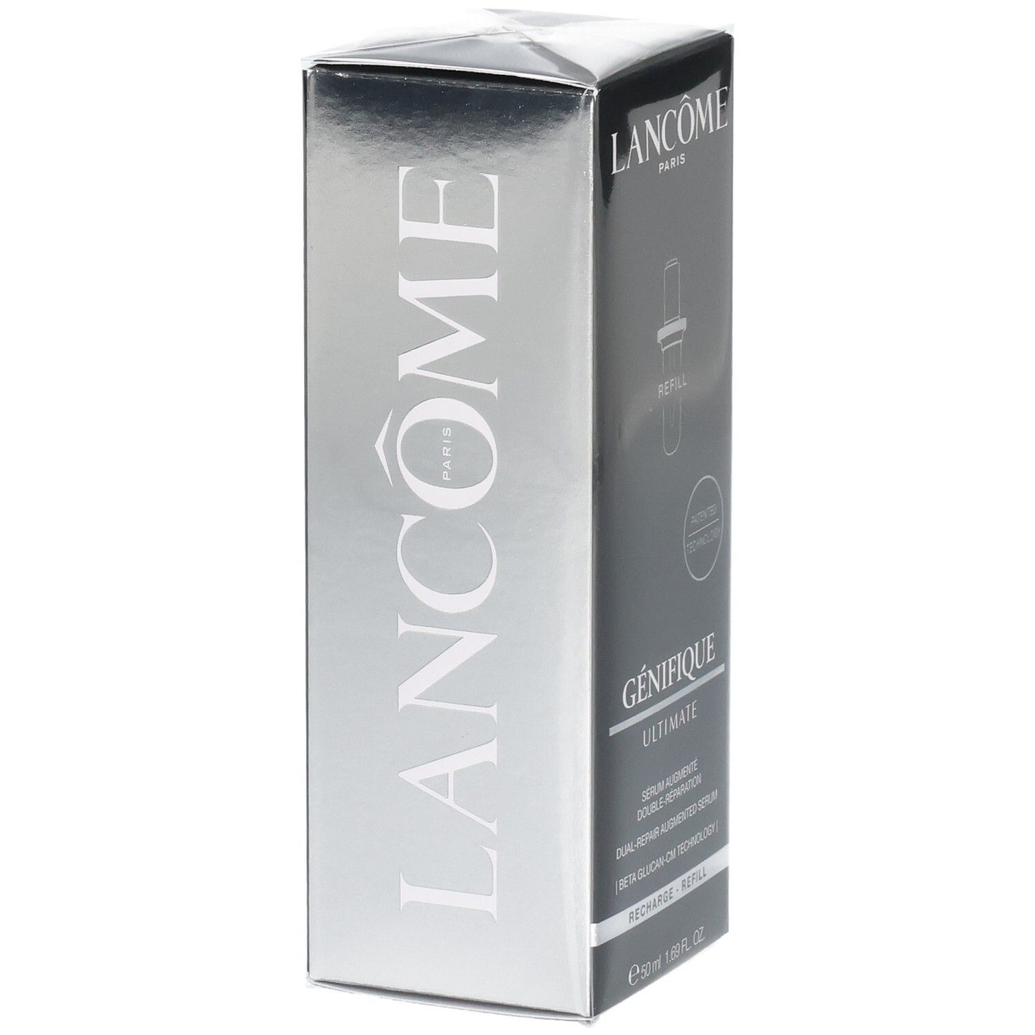 Lancôme Génifique Ultimate Sérum Recharge, côté argenté avec inscription "Lancôme Paris".